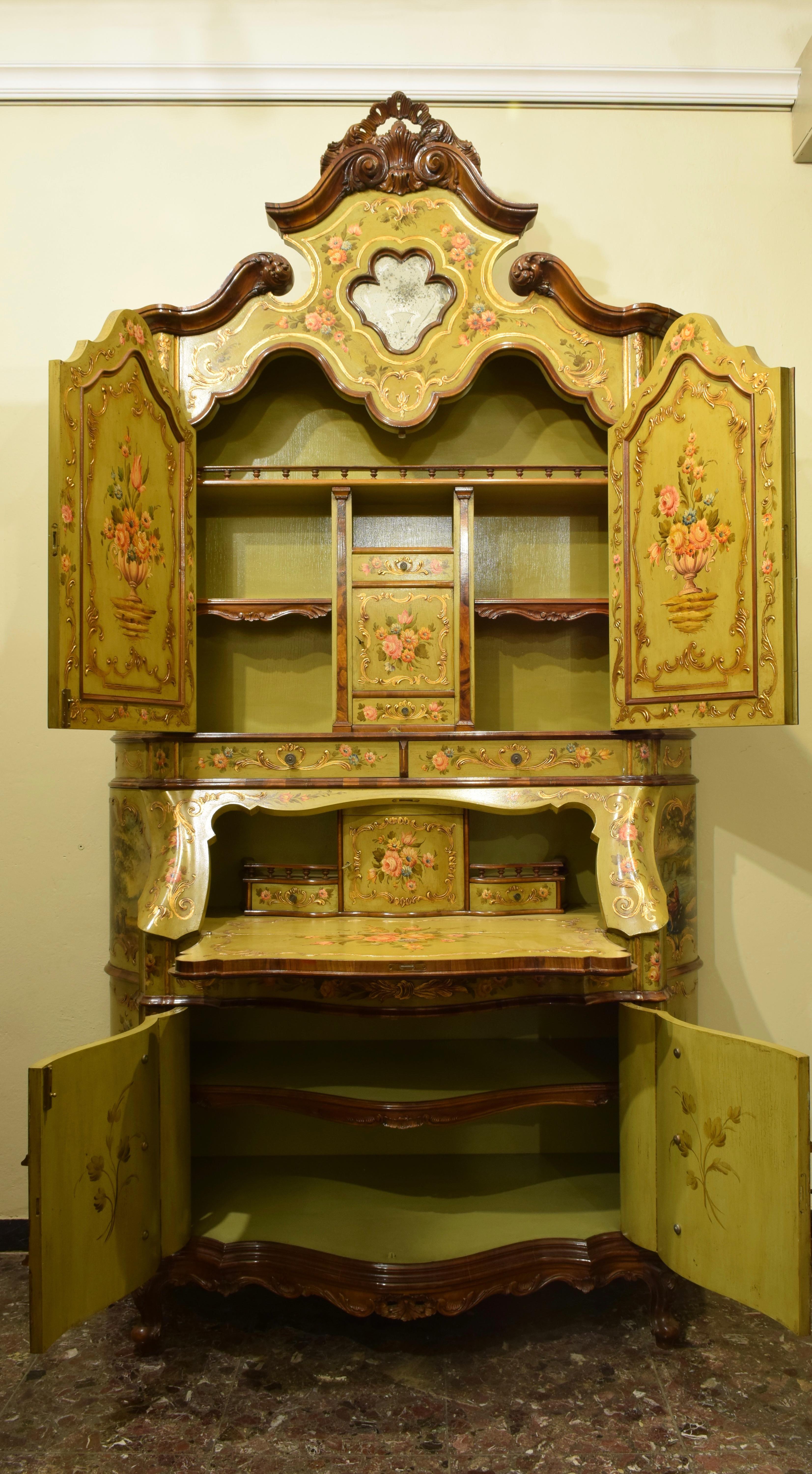 Italian Venetian Trumeau Green Lacquered Hand Decorated Secretary with Writing Desk 1976 For Sale