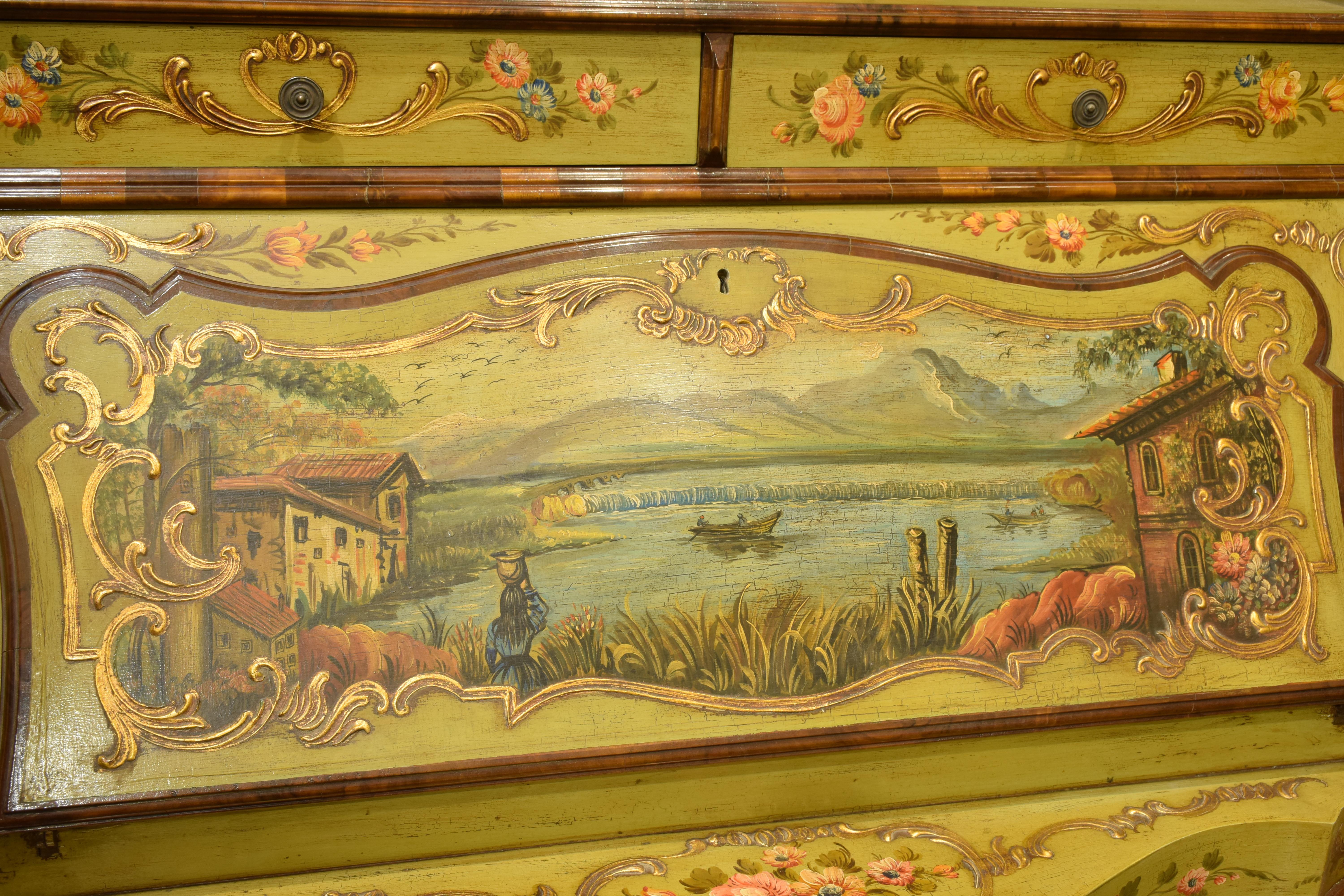 Venetian Trumeau Green Lacquered Hand Decorated Secretary with Writing Desk 1976 In Good Condition For Sale In Prato, IT