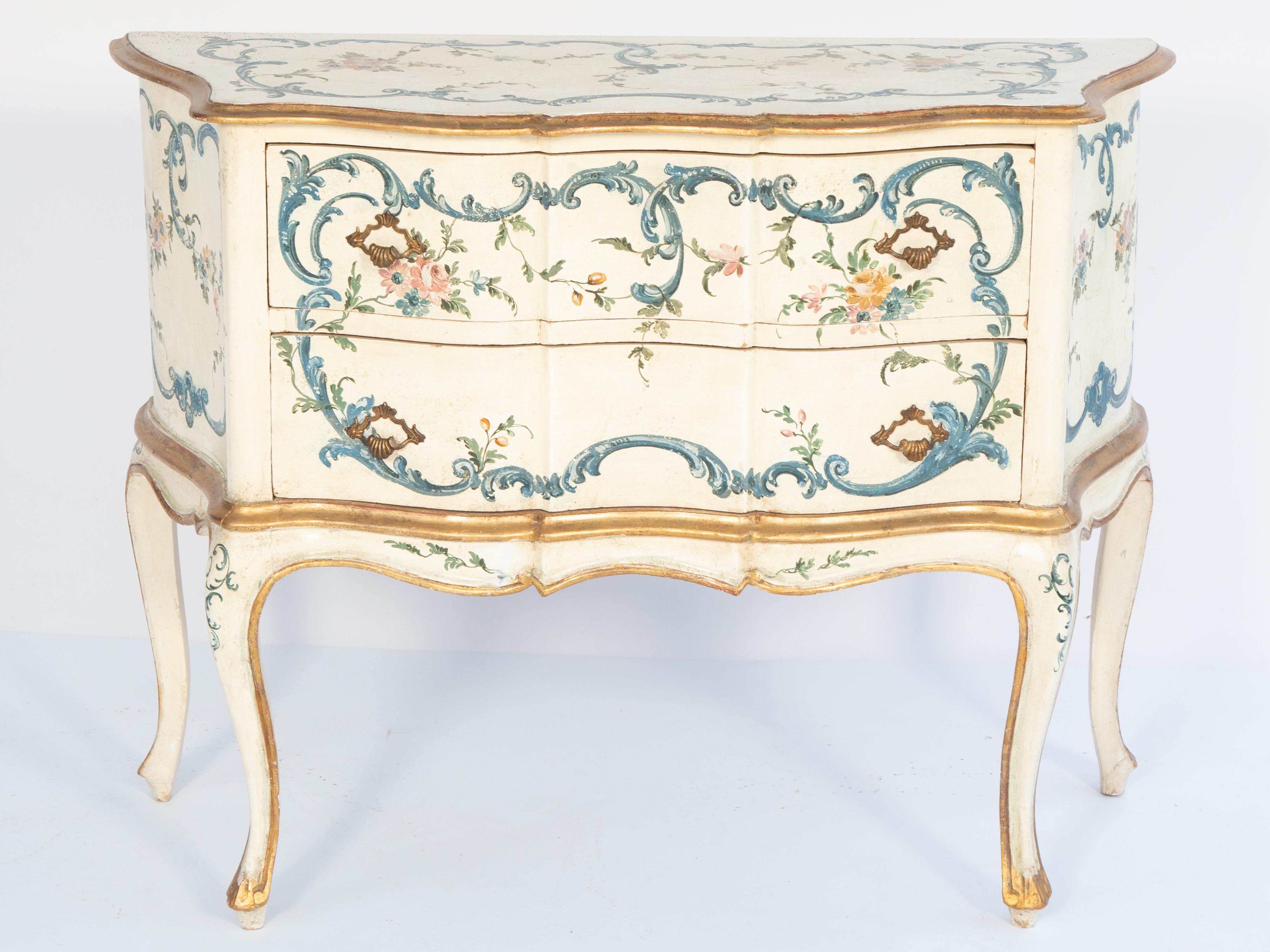 Venezianische Kommode mit zwei Schubladen, handbemalt mit Schnörkeln und Blumen (20. Jahrhundert) im Angebot