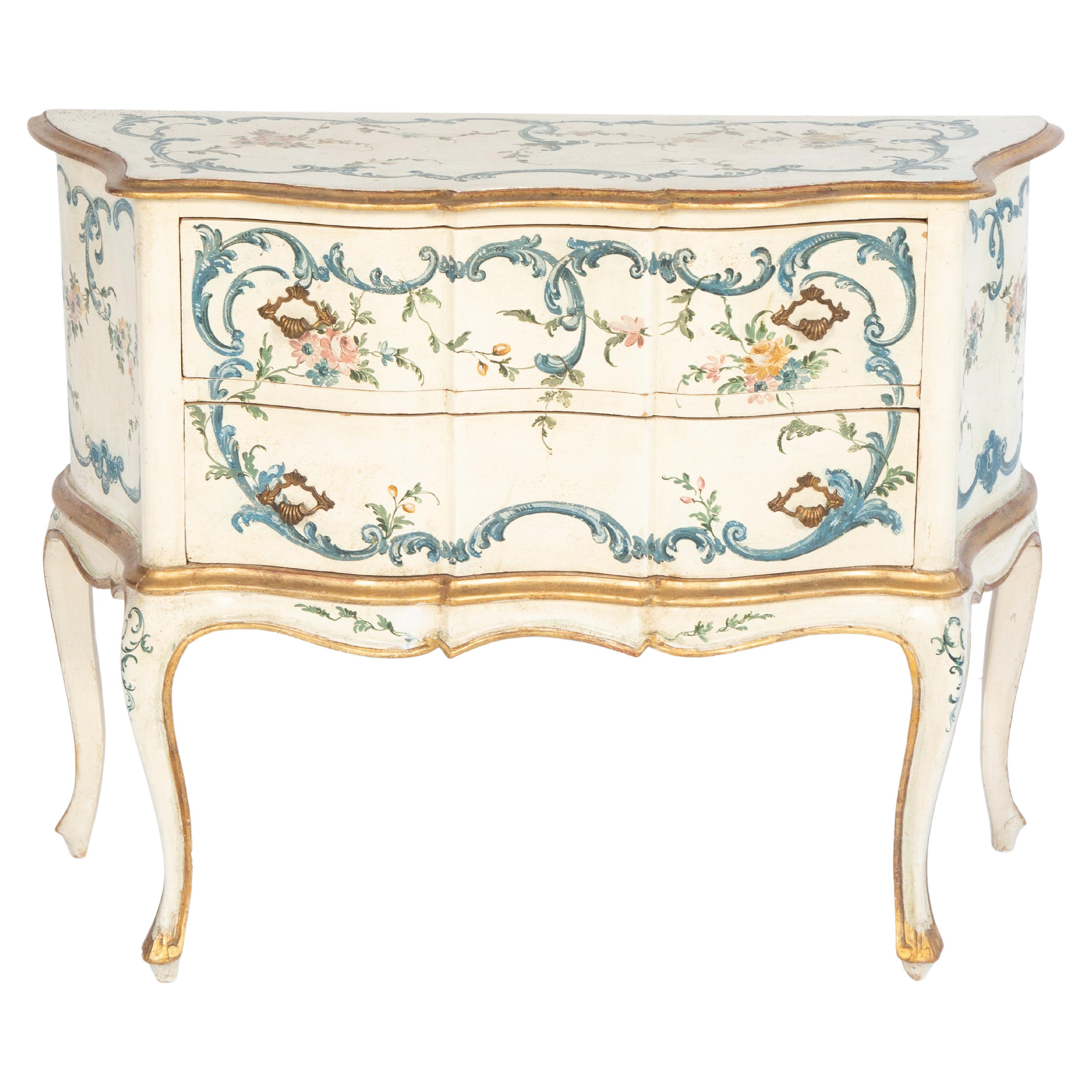 Venezianische Kommode mit zwei Schubladen, handbemalt mit Schnörkeln und Blumen im Angebot