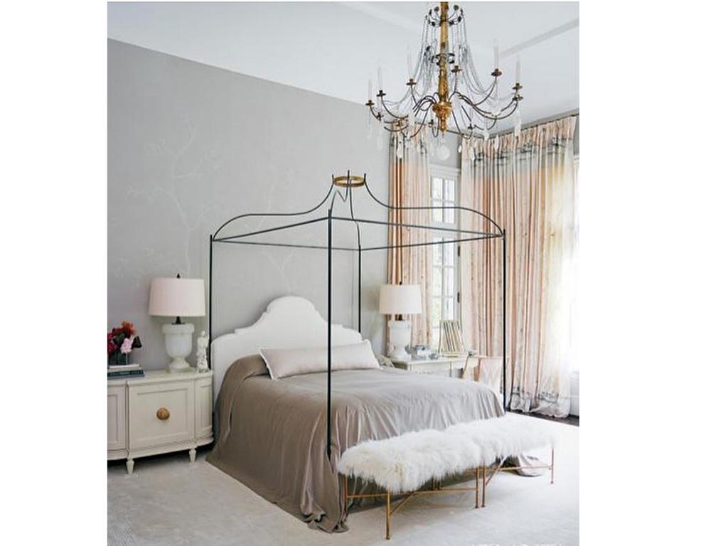 This Venetian canopy bed with upholstered headboard from the Tara Shaw Maison collection is one of our most popular custom beds. Hand forged gilded or silver leaf crown and small detail at feet. Handcrafted in New Orleans. Standard headboard