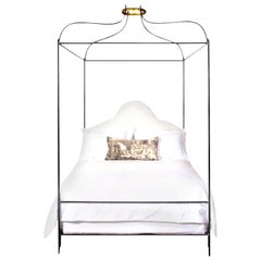 Vintage Venetian Upholstered Canopy Bed with Linen Headboard, King