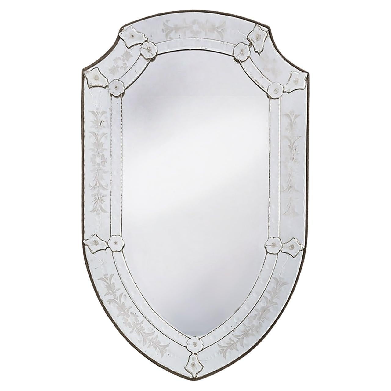 Venetian Wheel Cut "Shield" Form Wall Mirror Backed in Wood, Ready to Hang in vendita