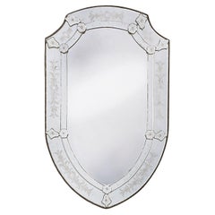 Venetian Wheel Cut "Shield" Form Wall Mirror Backed in Wood, Ready to Hang