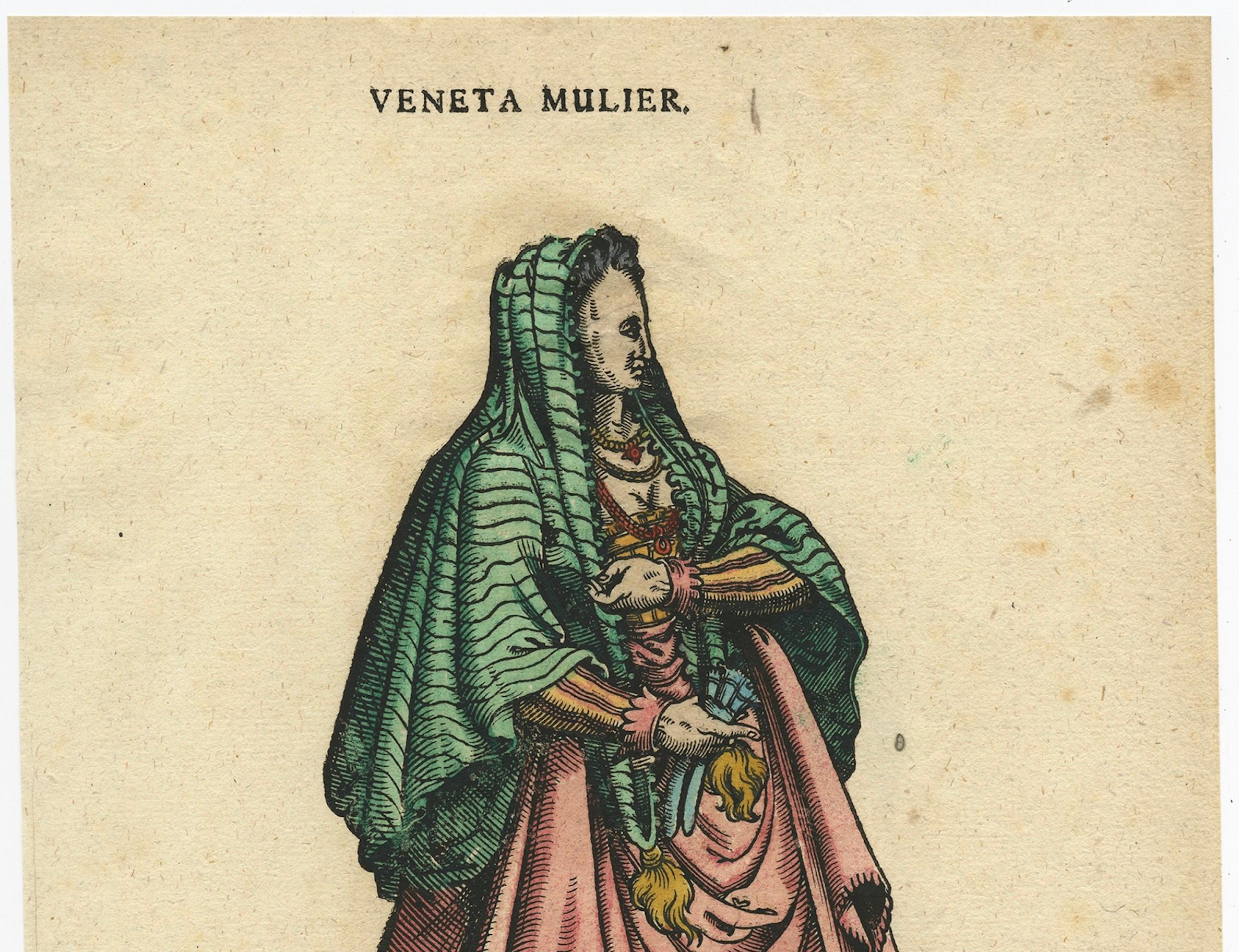 Venetian Woman – Antique Hand-Coloured Woodcut by Jost Amman, Plate CXXII, 1577

This beautifully hand-coloured woodcut depicts a Venetian woman in rich 16th-century attire, titled *Veneta Mulier*. She is shown in a full golden-yellow gown with pink