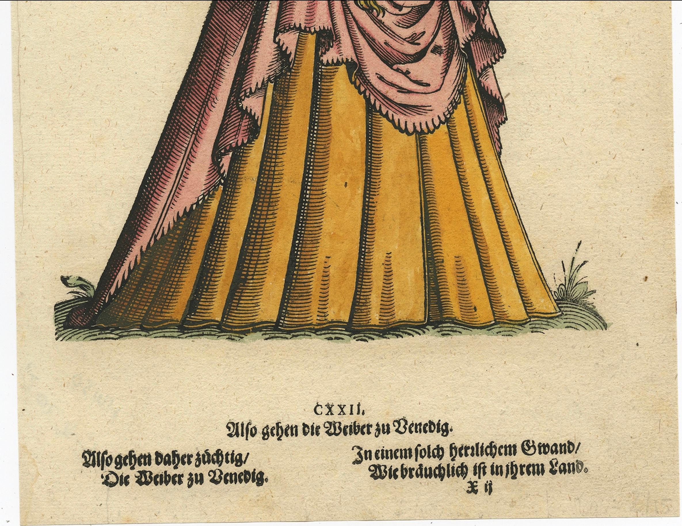 German Venetian Woman – Rare Antique Costume Woodcut by Jost Amman, 16th Century For Sale
