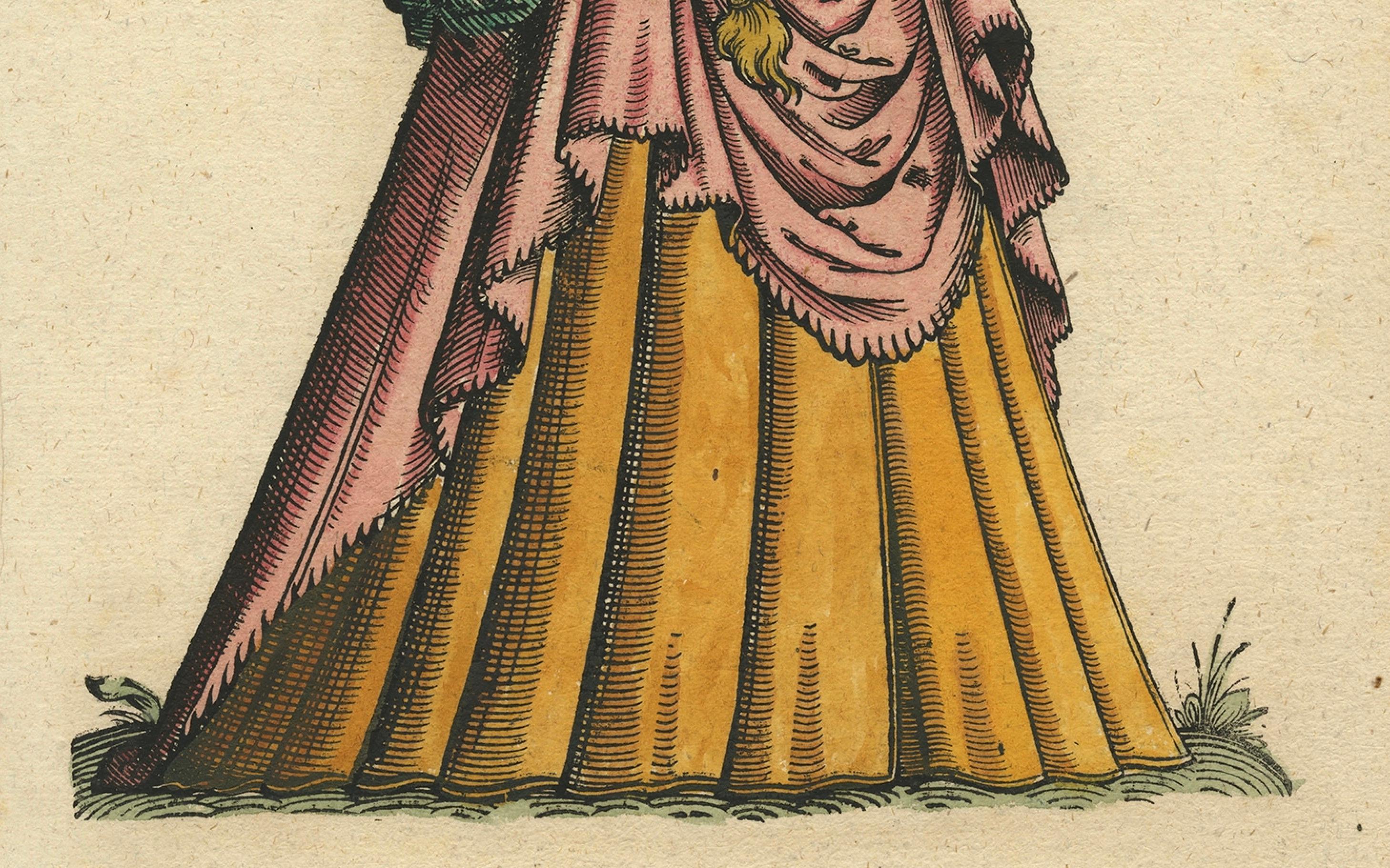 Engraved Venetian Woman – Rare Antique Costume Woodcut by Jost Amman, 16th Century For Sale