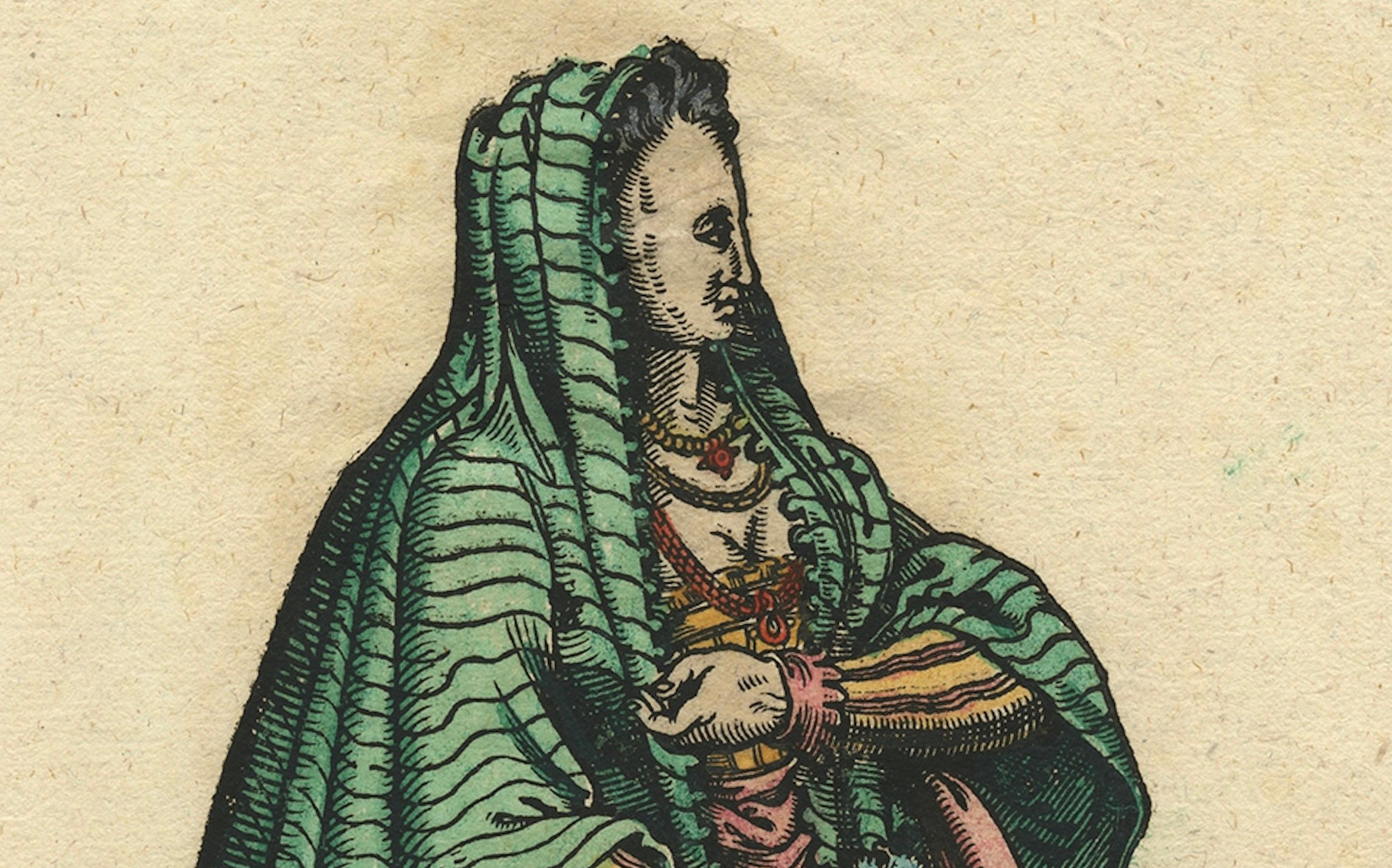 Venetian Woman – Rare Antique Costume Woodcut by Jost Amman, 16th Century In Good Condition For Sale In Langweer, NL