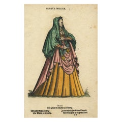 Femme vénitienne - Rare gravure sur bois ancienne de Jost Amman, XVIe siècle