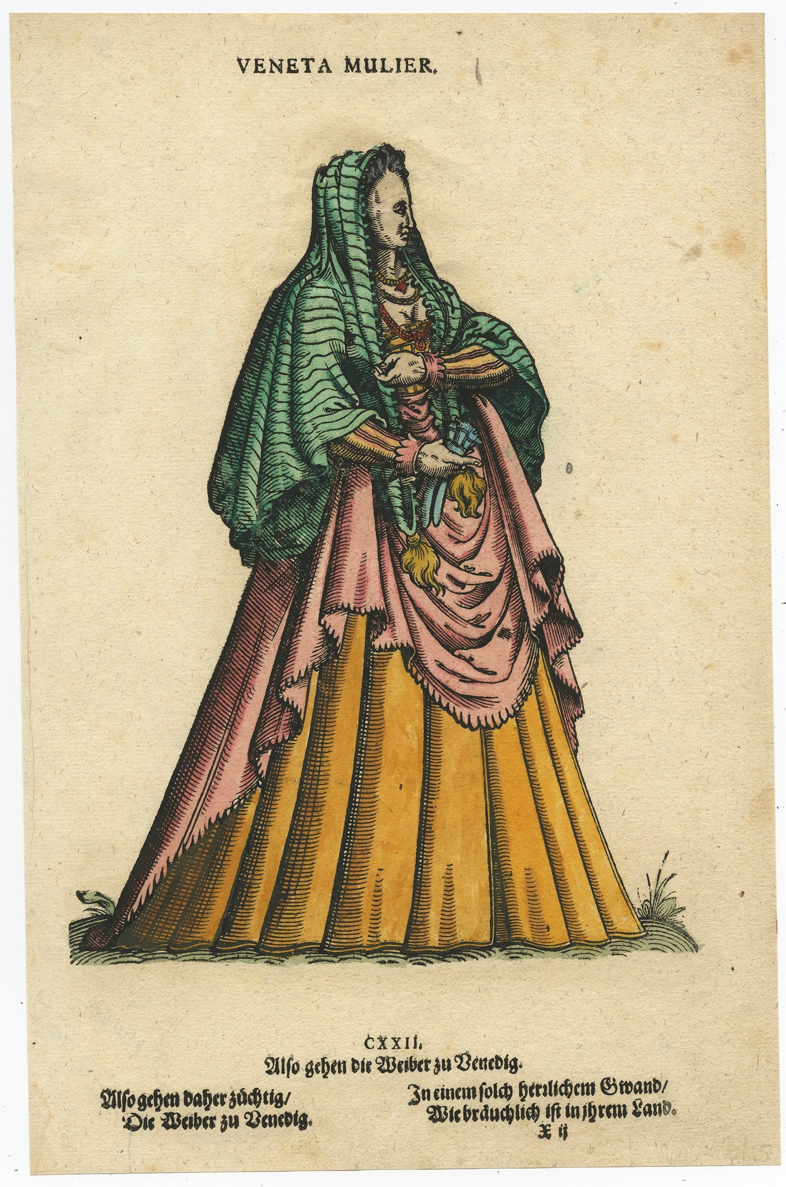 Venetian Woman – Rare Antique Costume Woodcut by Jost Amman, 16th Century For Sale