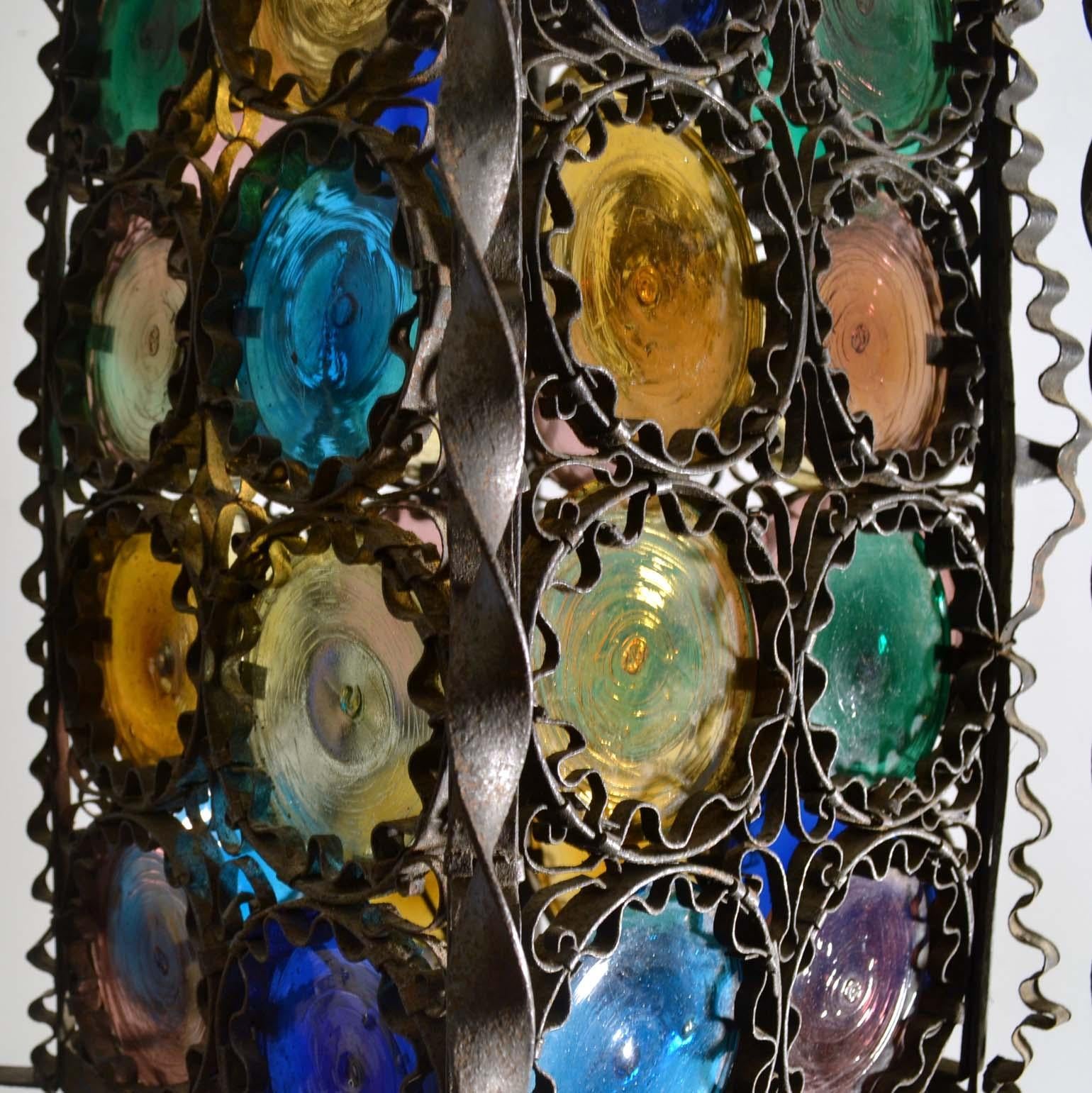 Venetian Wrought Iron Lantern and Multi Colored Glass Disks , Italy 1890s 5
