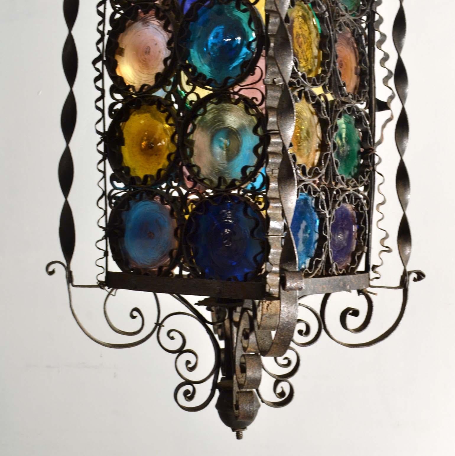 Venetian Wrought Iron Lantern and Multi Colored Glass Disks , Italy 1890s 6