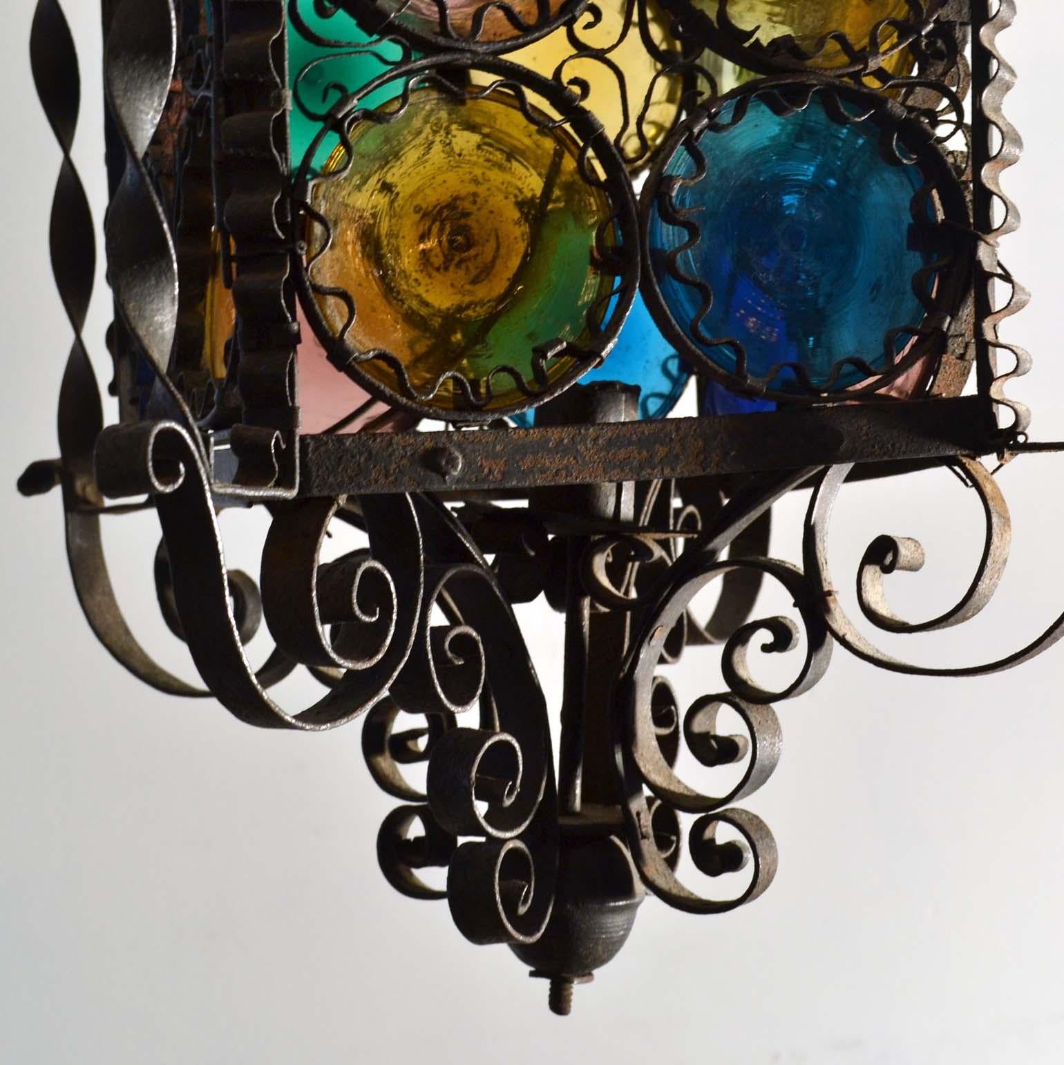 Venetian Wrought Iron Lantern and Multi Colored Glass Disks , Italy 1890s 7