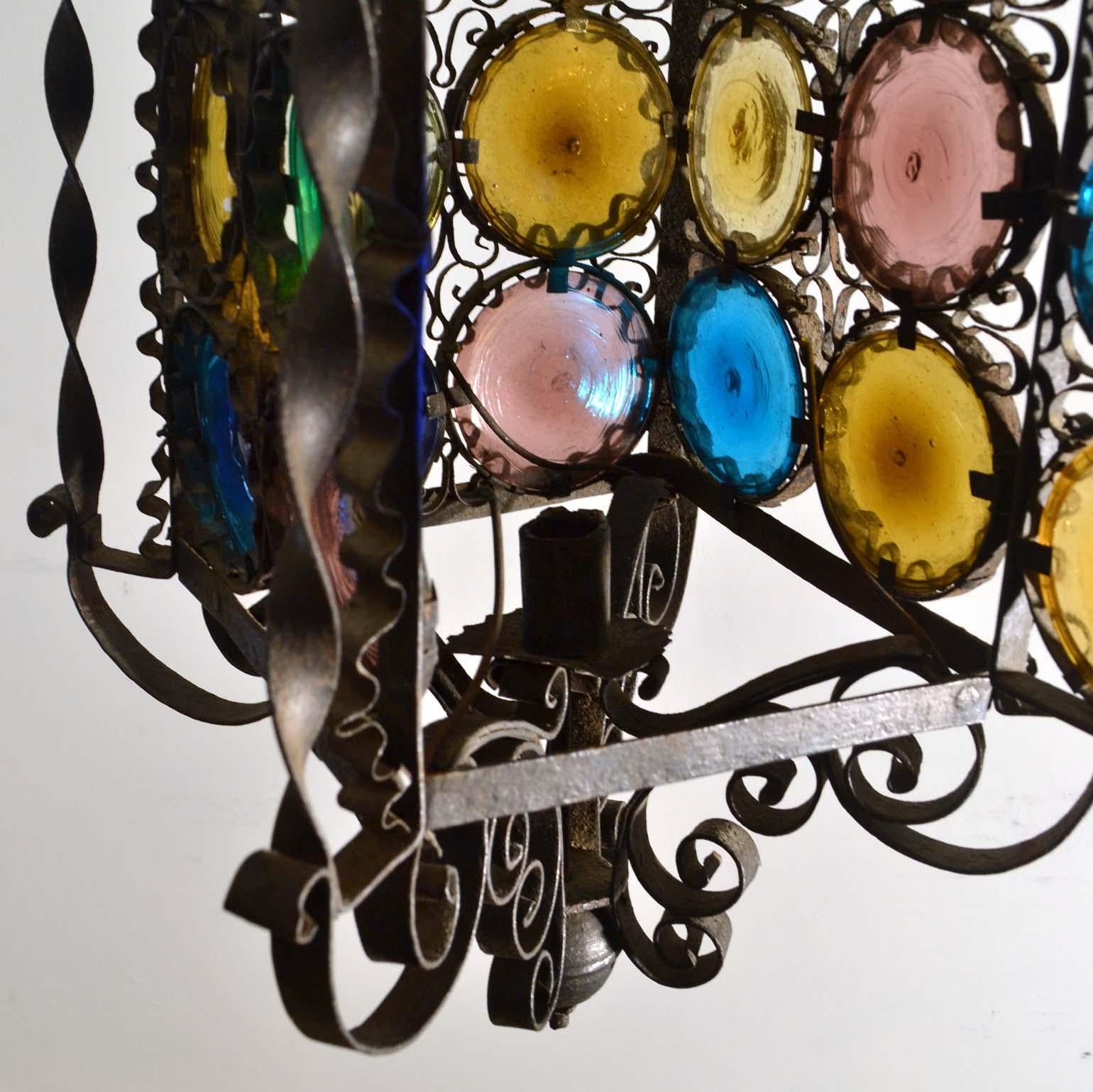 Venetian Wrought Iron Lantern and Multi Colored Glass Disks , Italy 1890s 8