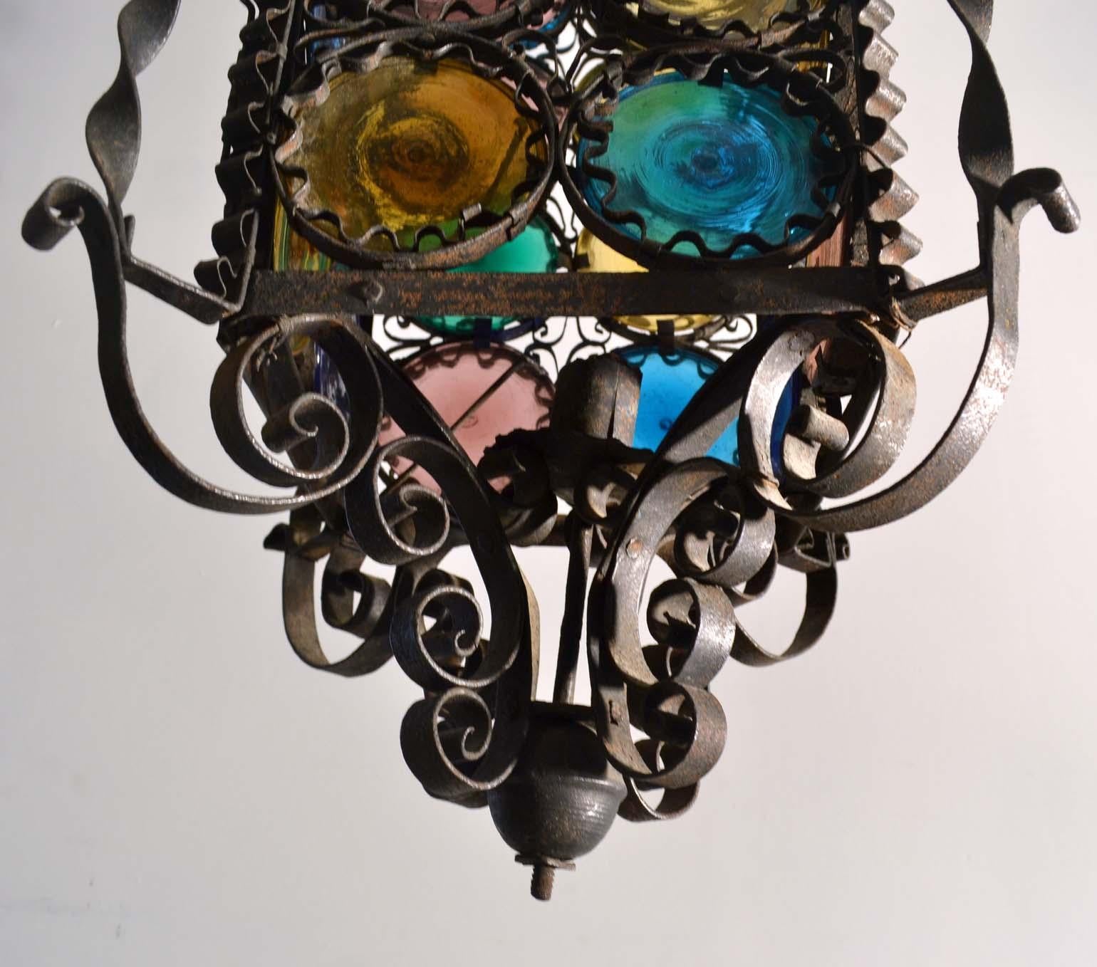 Venetian Wrought Iron Lantern and Multi Colored Glass Disks , Italy 1890s 9