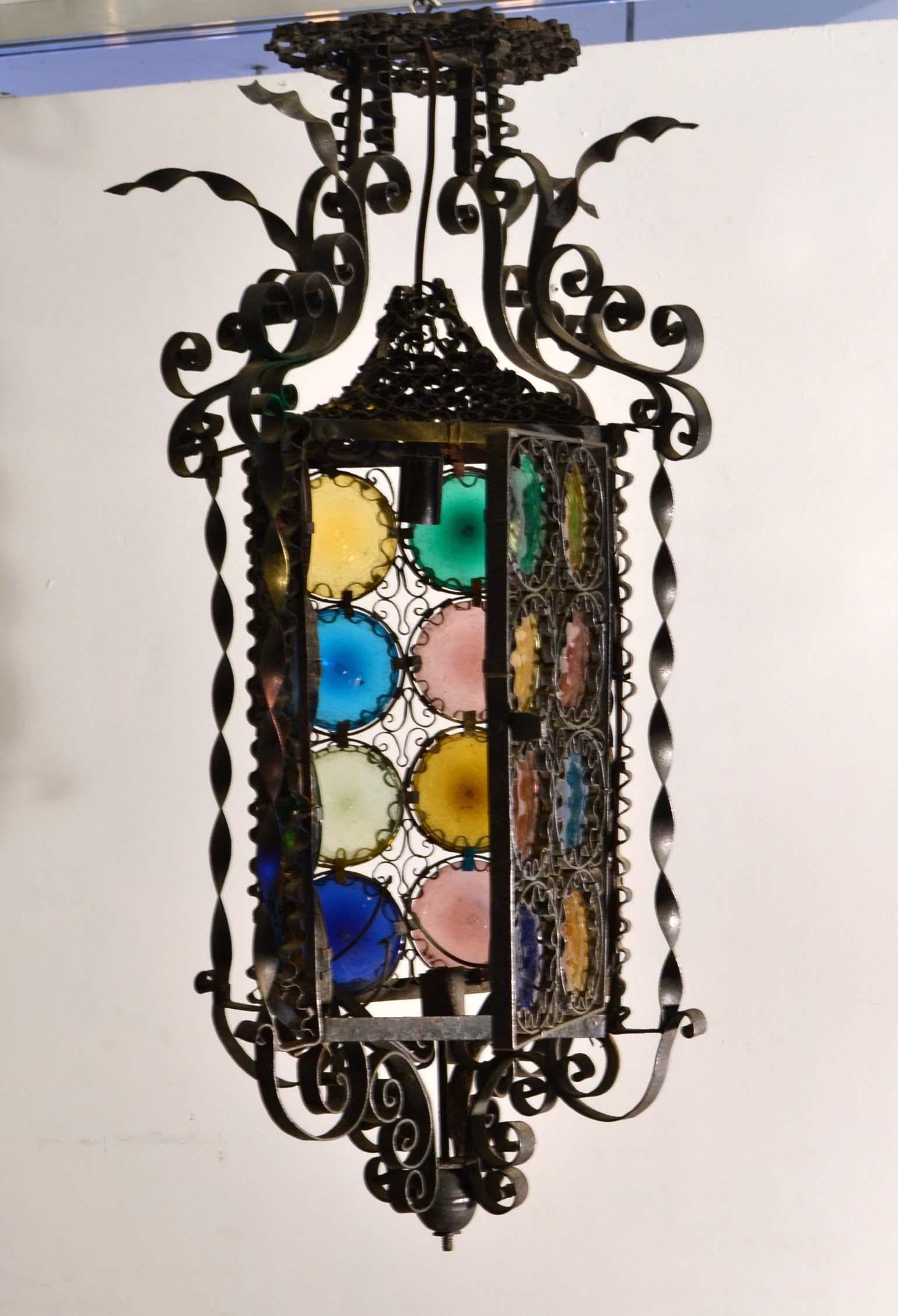 Venetian Wrought Iron Lantern and Multi Colored Glass Disks , Italy 1890s 10
