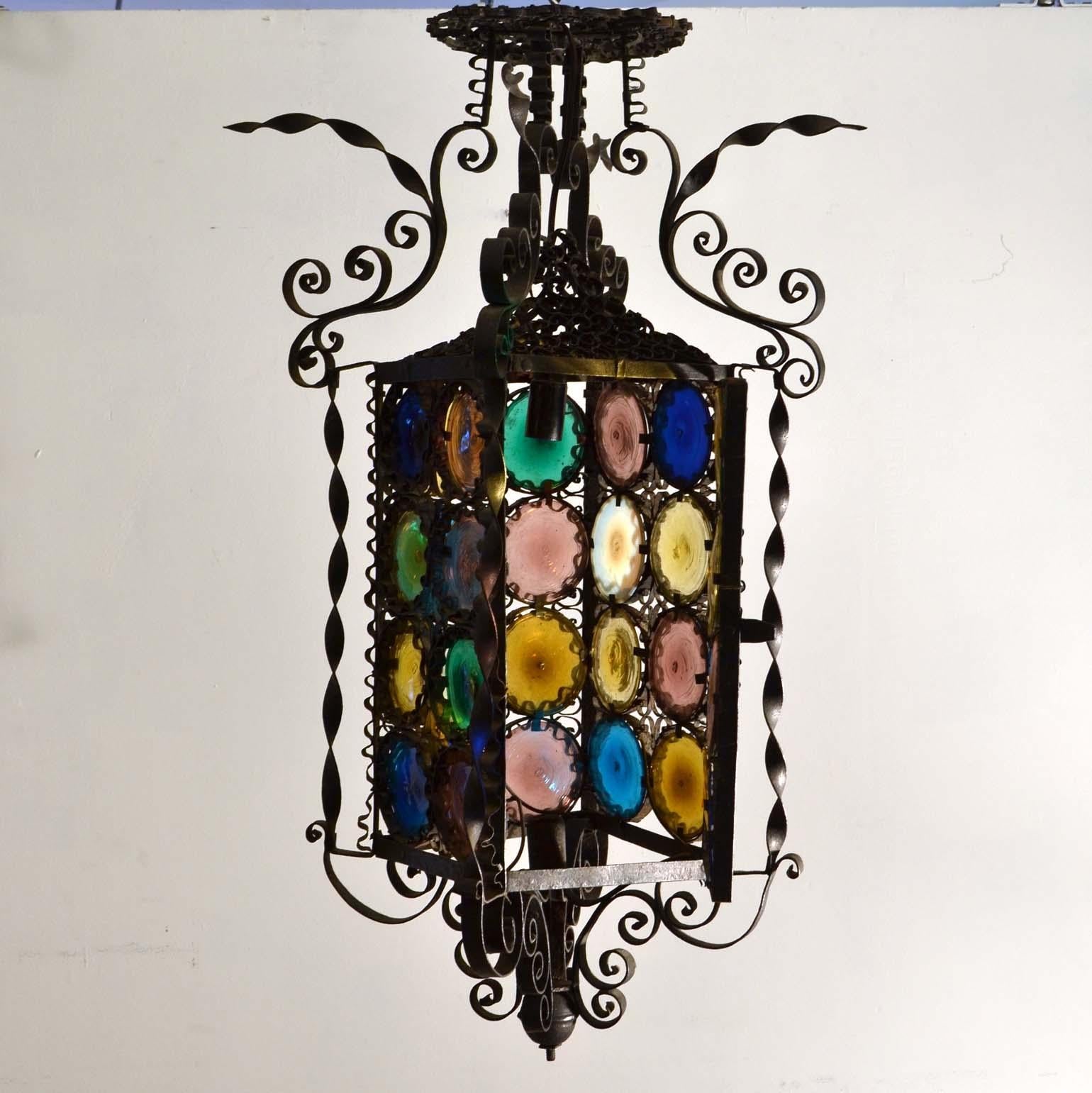 Italian Venetian Wrought Iron Lantern and Multi Colored Glass Disks , Italy 1890s