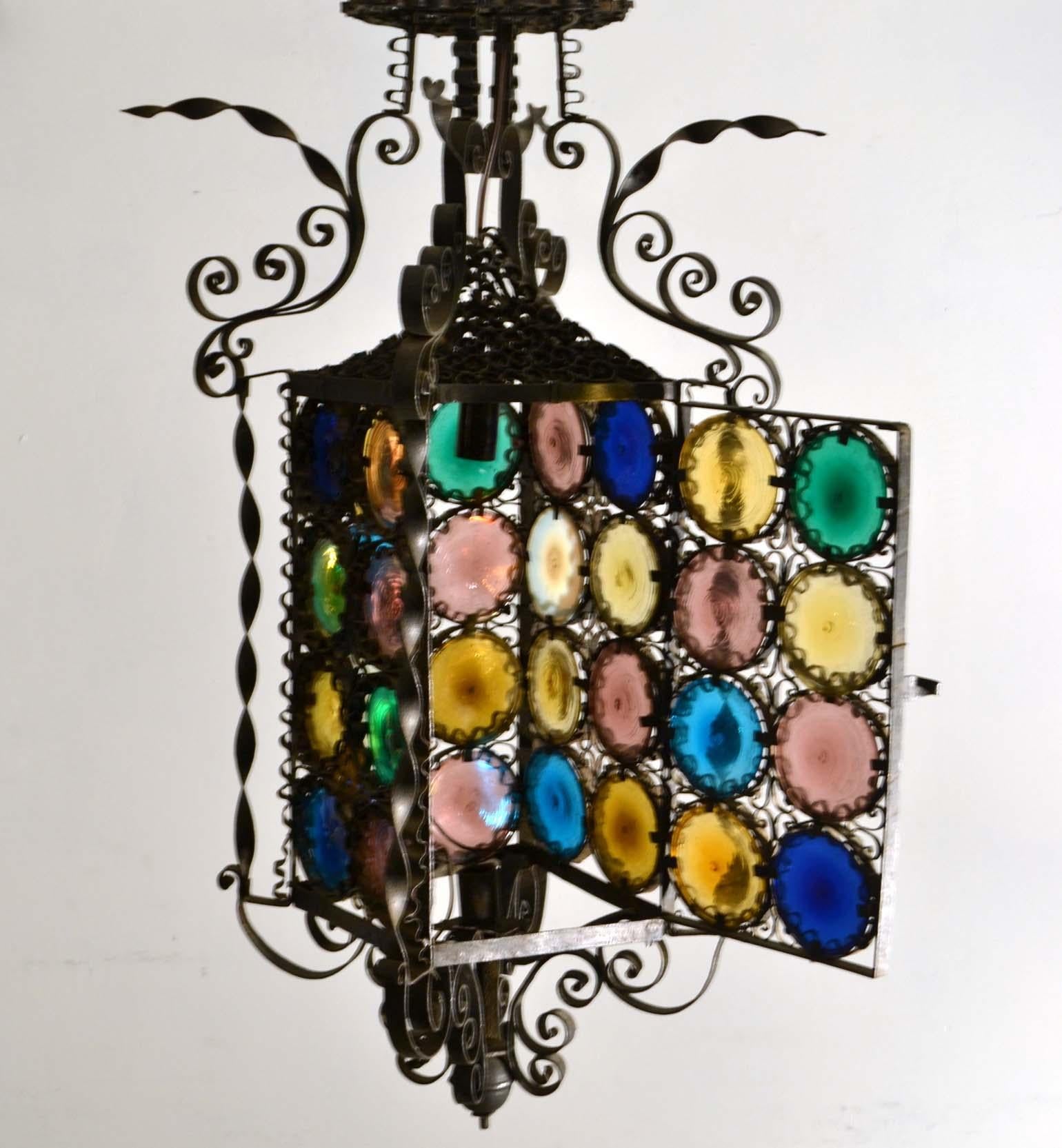 Venetian Wrought Iron Lantern and Multi Colored Glass Disks , Italy 1890s In Good Condition In London, GB