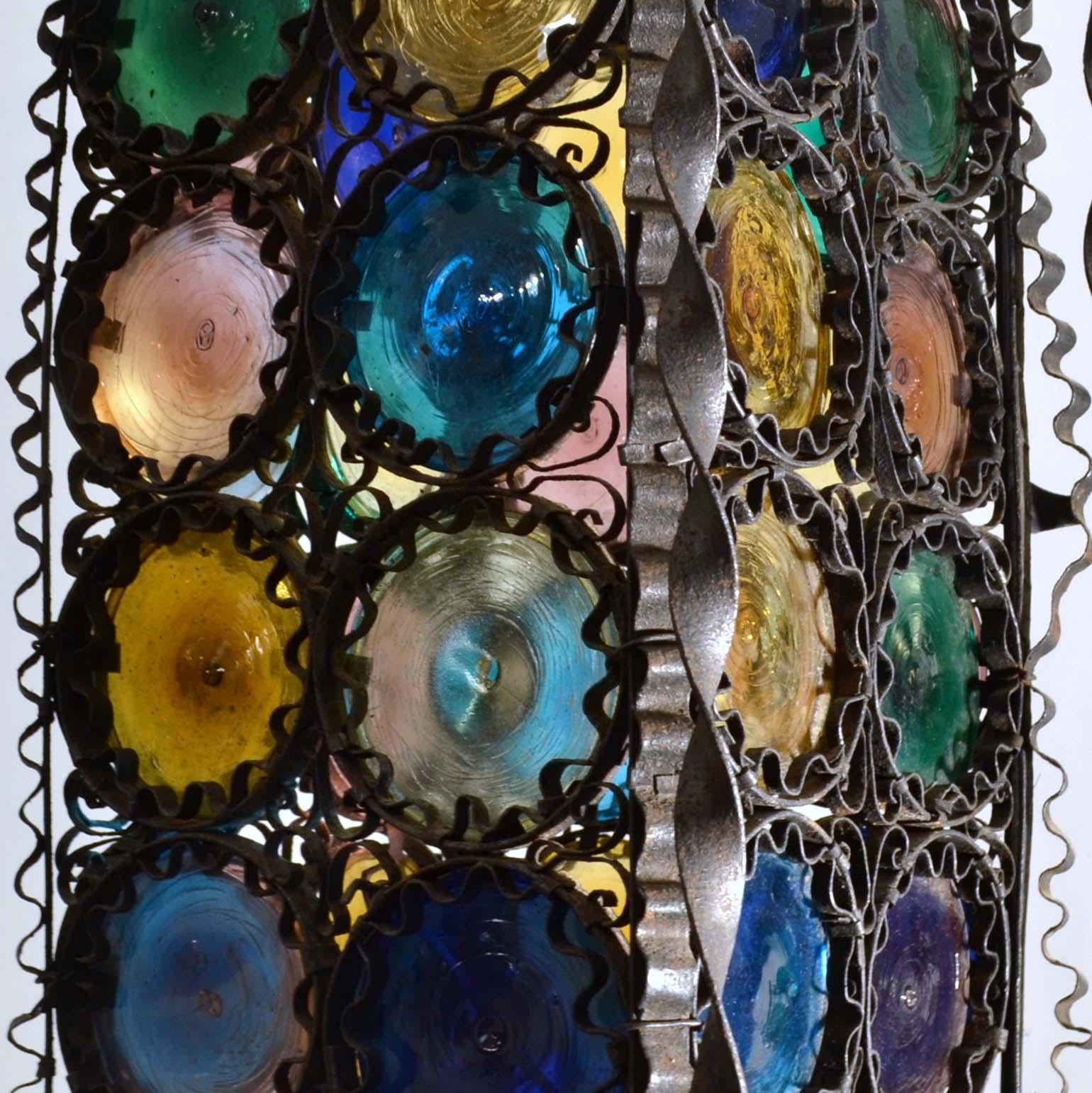 Late 19th Century Venetian Wrought Iron Lantern and Multi Colored Glass Disks , Italy 1890s