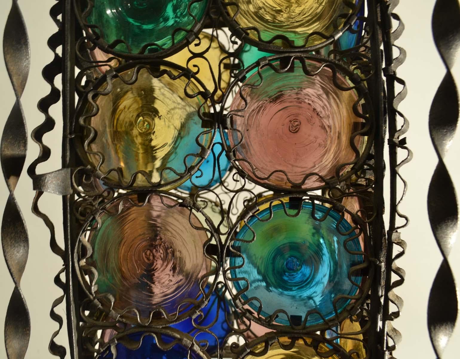 Stained Glass Venetian Wrought Iron Lantern and Multi Colored Glass Disks , Italy 1890s