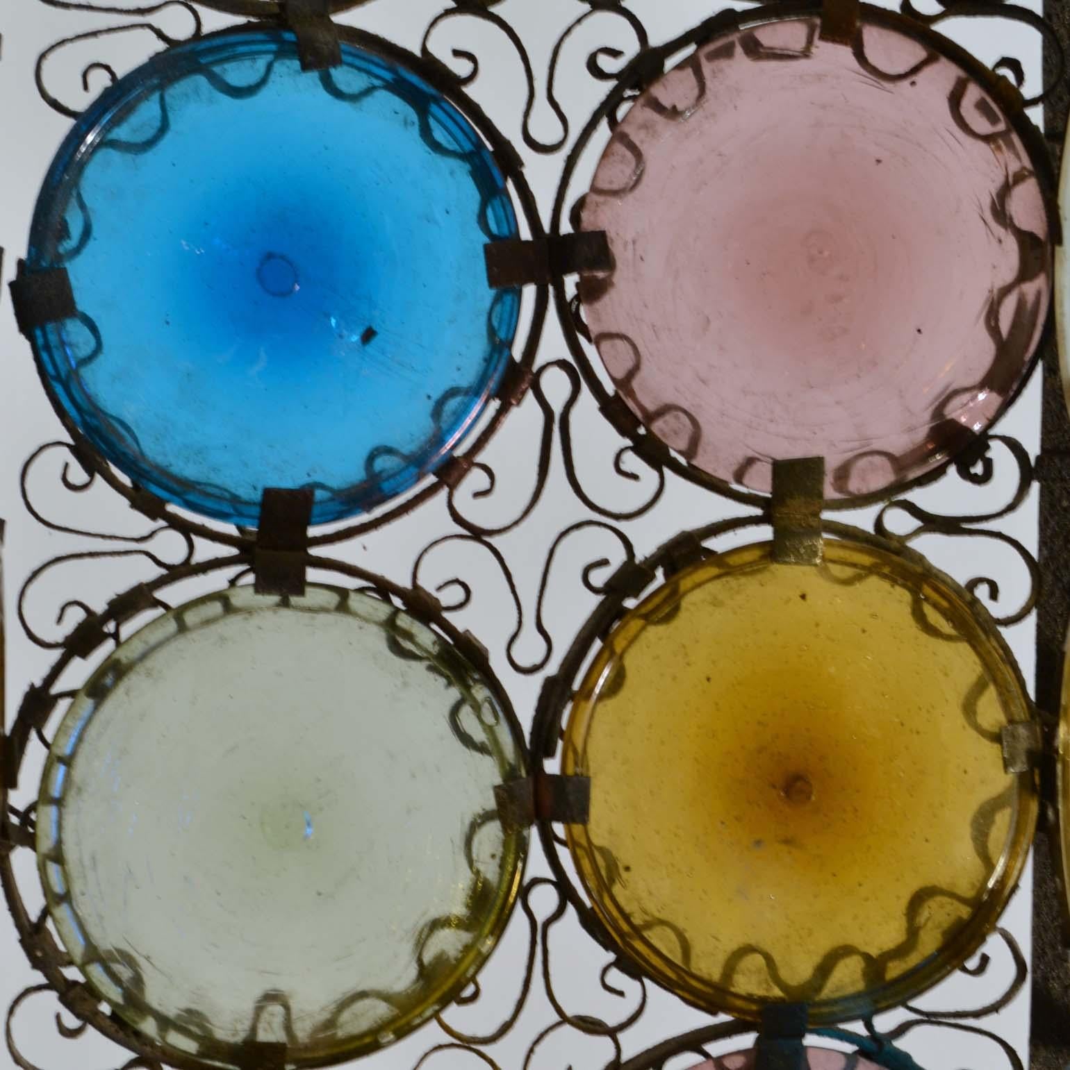 Venetian Wrought Iron Lantern and Multi Colored Glass Disks , Italy 1890s 1