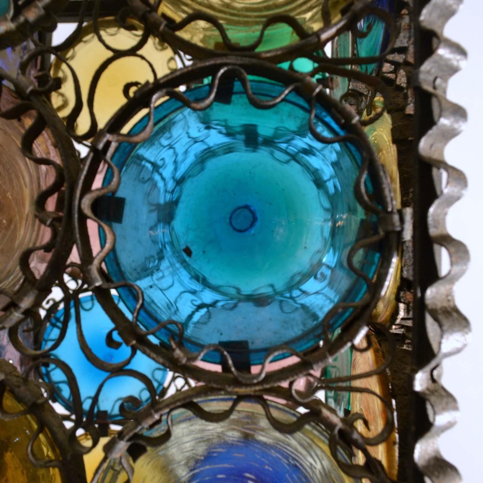 Venetian Wrought Iron Lantern and Multi Colored Glass Disks , Italy 1890s 2