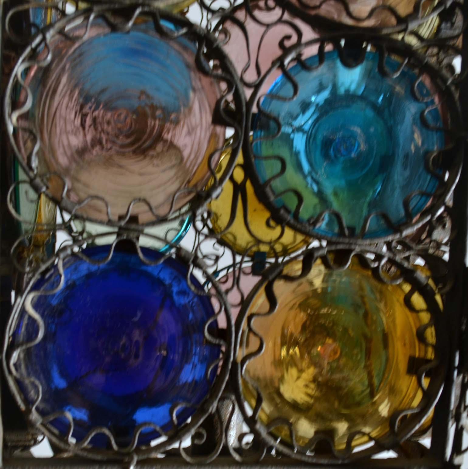 Venetian Wrought Iron Lantern and Multi Colored Glass Disks , Italy 1890s 3