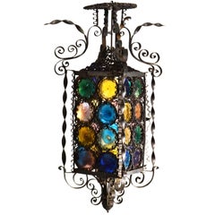 Antique Venetian Wrought Iron Lantern and Multi Colored Glass Disks , Italy 1890s