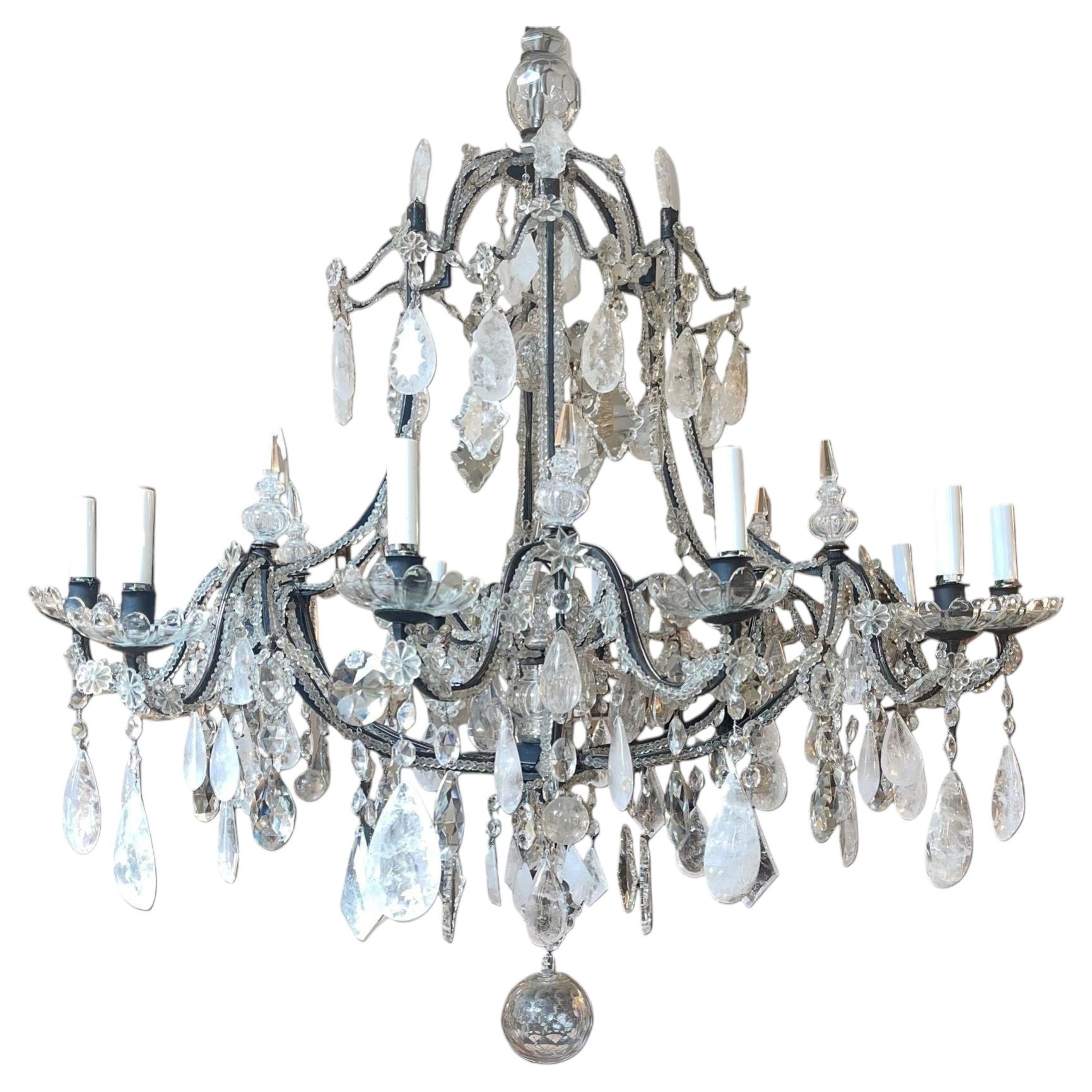 Venetian Wrought Iron, Rock Crystal & Cut Glass Chandelier, Early 20th Century