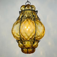 Venetian Yellow Murano Caged Glass Pendant Lamp, Italy 1940s