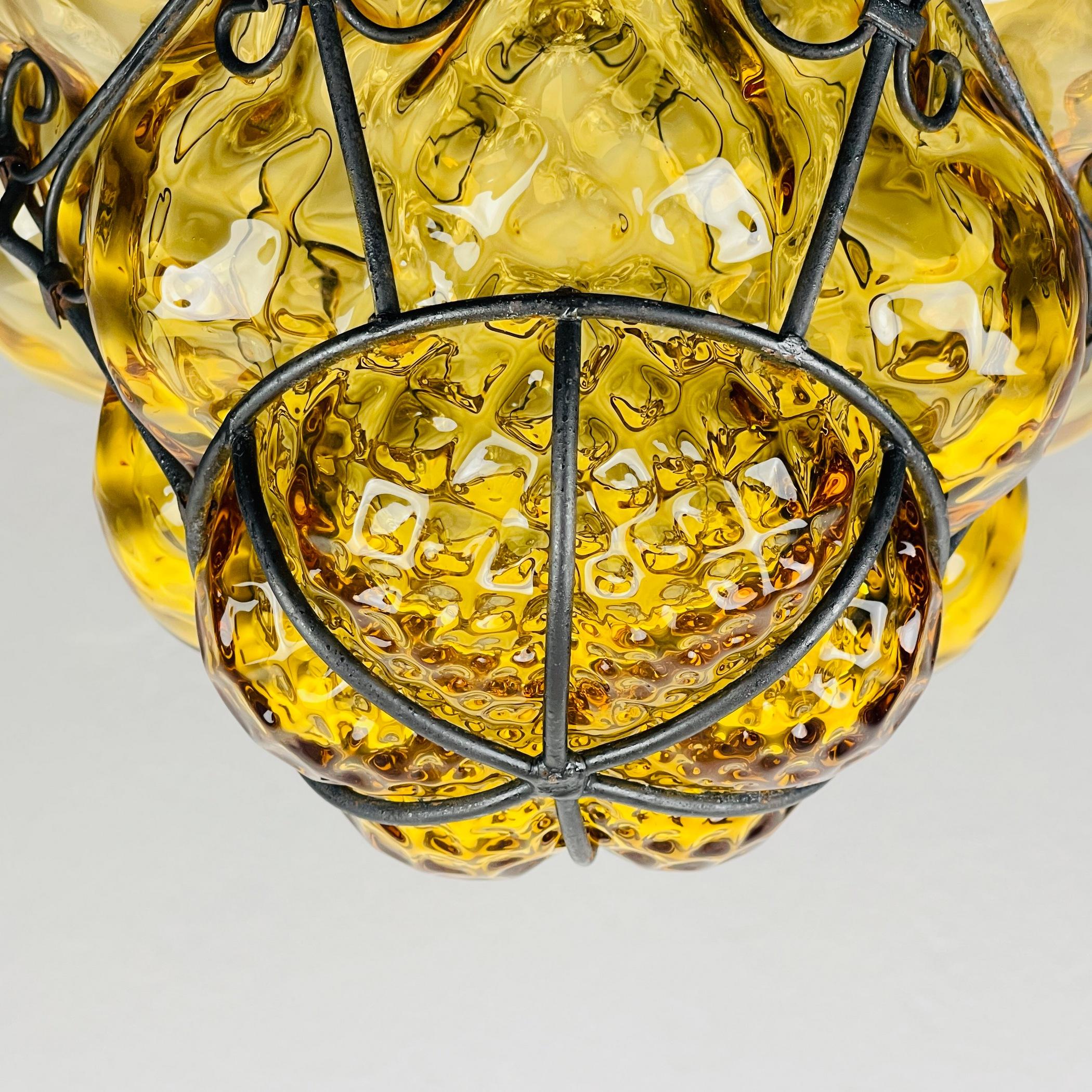 Italian Venetian Yellow Murano Caged Glass Pendant Lamp, Italy 1940s