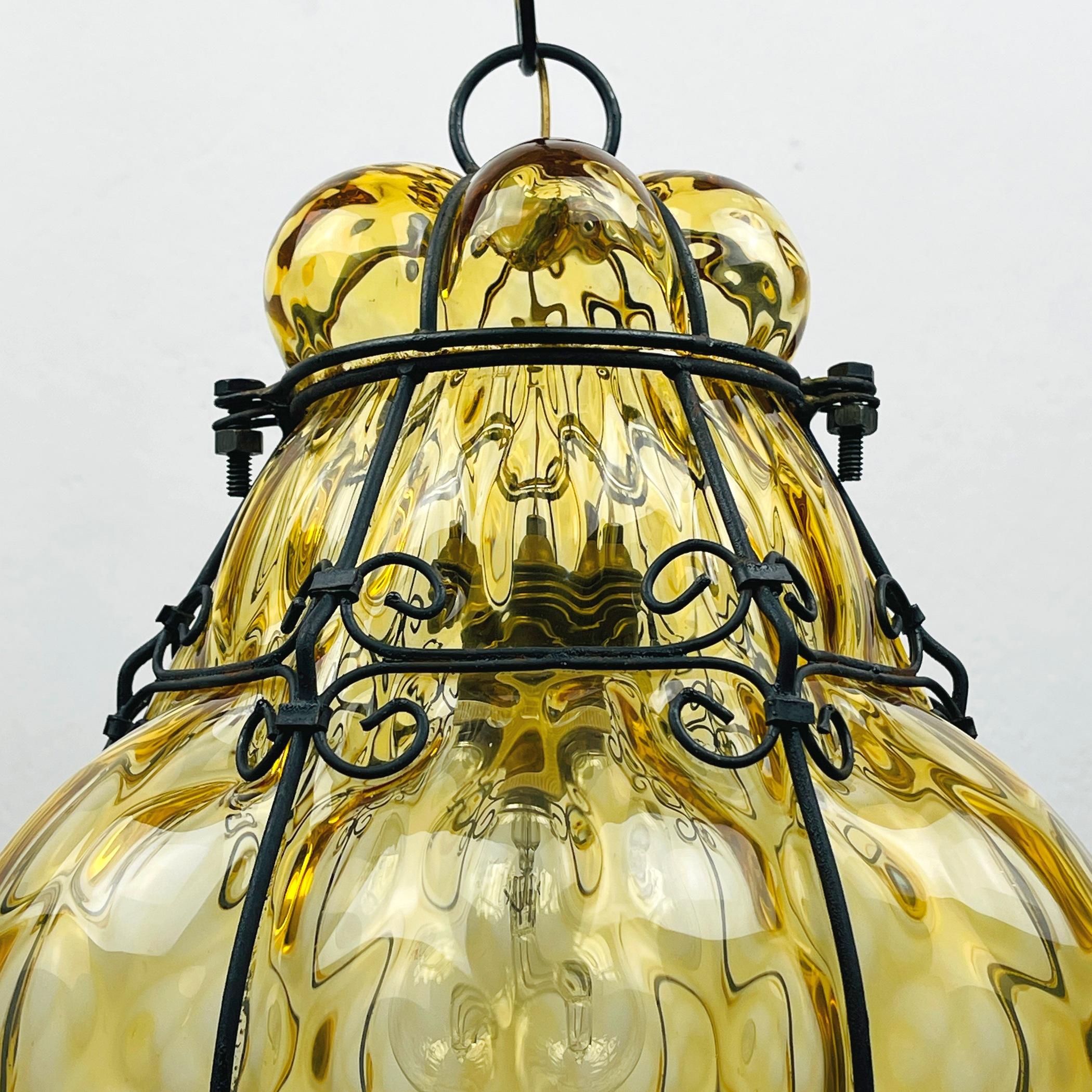 20th Century Venetian Yellow Murano Caged Glass Pendant Lamp, Italy 1940s