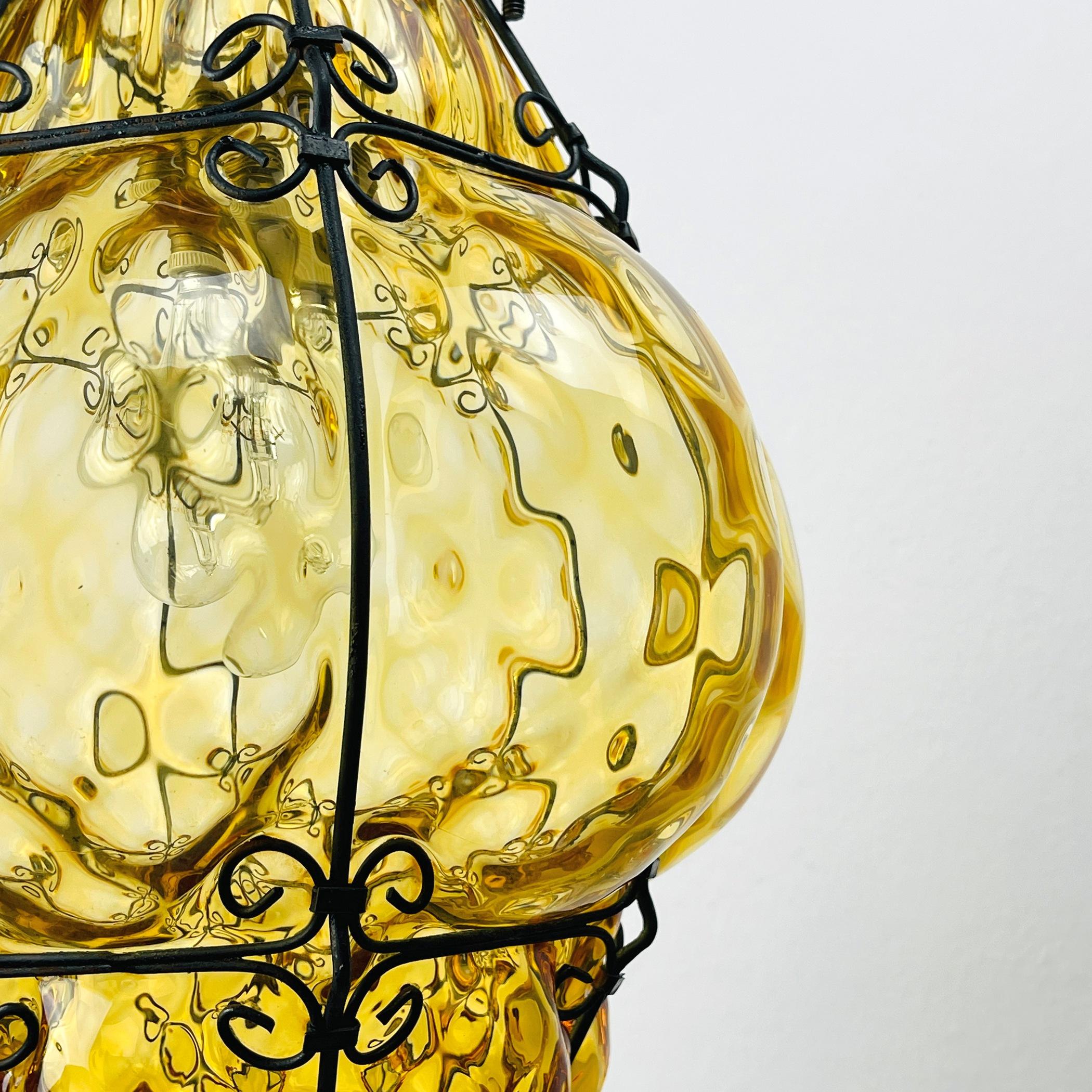 Murano Glass Venetian Yellow Murano Caged Glass Pendant Lamp, Italy 1940s