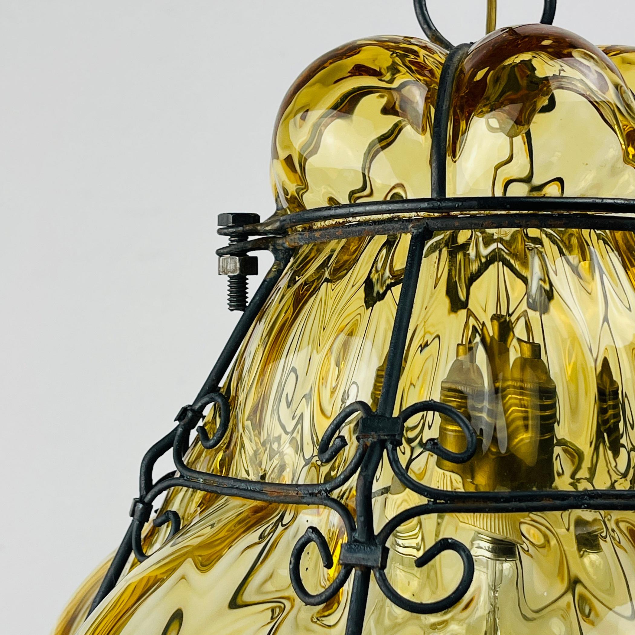 Venetian Yellow Murano Caged Glass Pendant Lamp, Italy 1940s 1