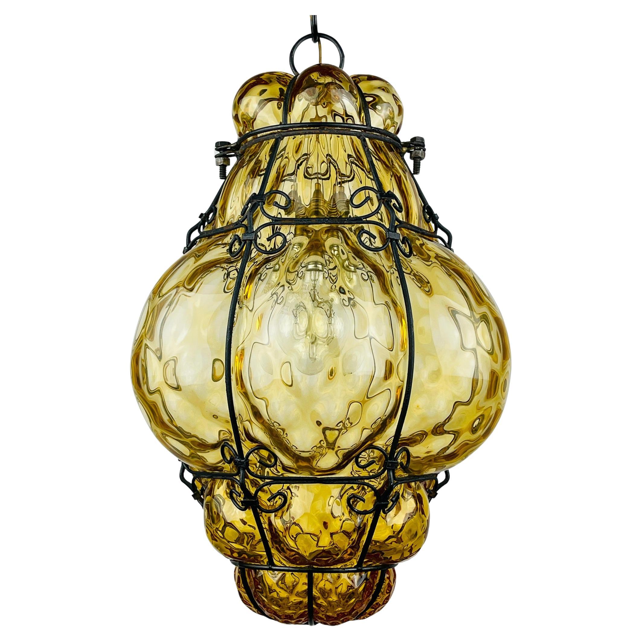 Venetian Yellow Murano Caged Glass Pendant Lamp, Italy 1940s