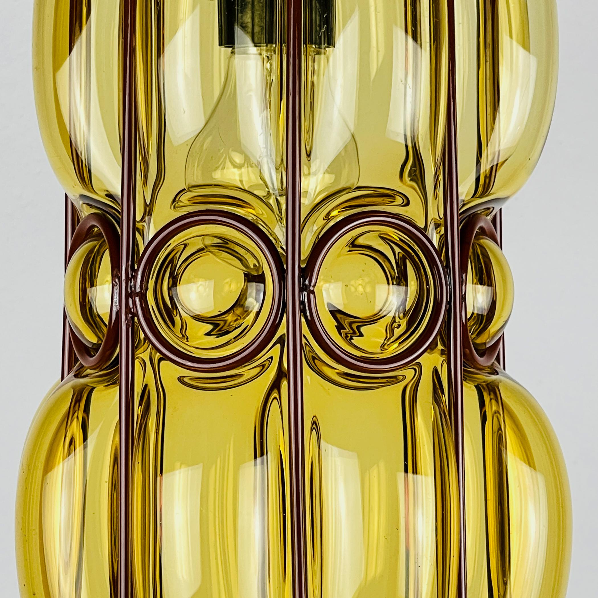 Venetian Yellow Murano Glass Caged Pendant Lamp, Italy 1940s 5