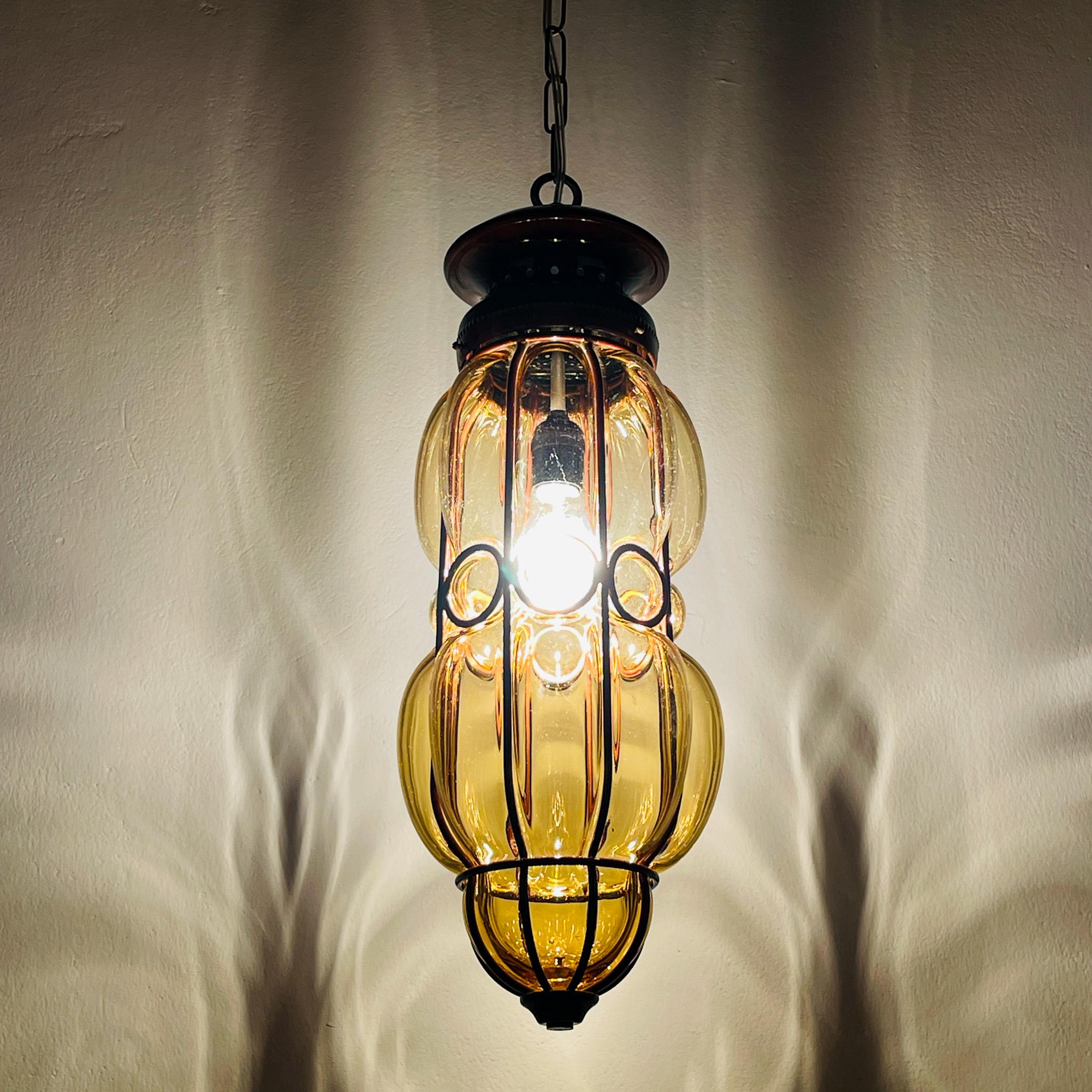 Venetian Yellow Murano Glass Caged Pendant Lamp, Italy 1940s 6