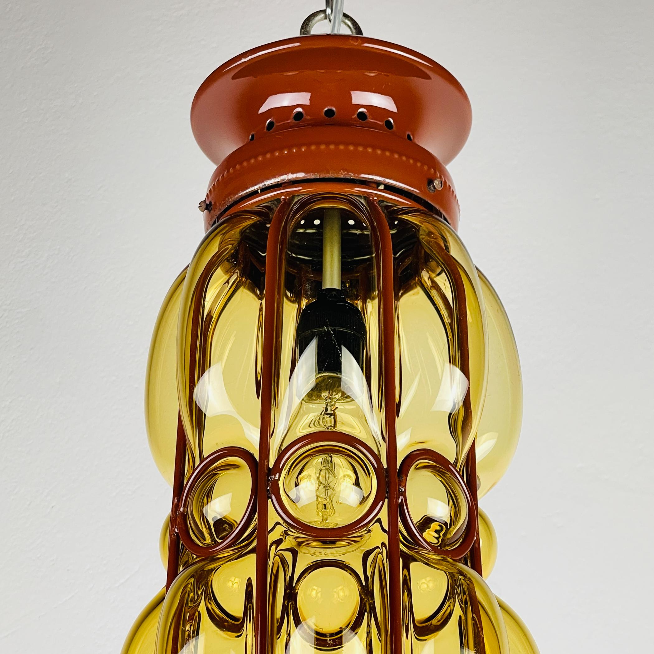 Venetian Yellow Murano Glass Caged Pendant Lamp, Italy 1940s 7