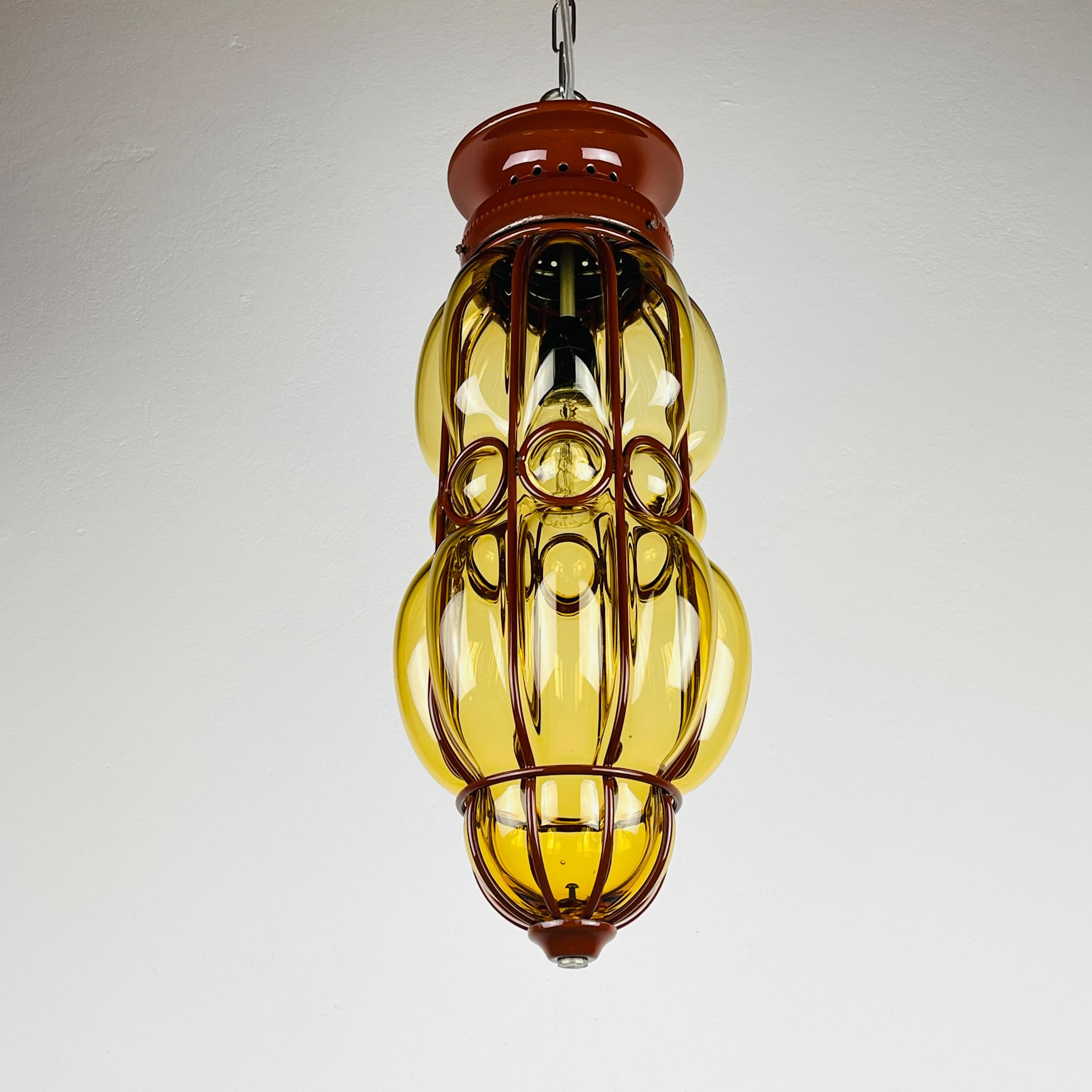 Venetian Yellow Murano Glass Caged Pendant Lamp, Italy 1940s 9