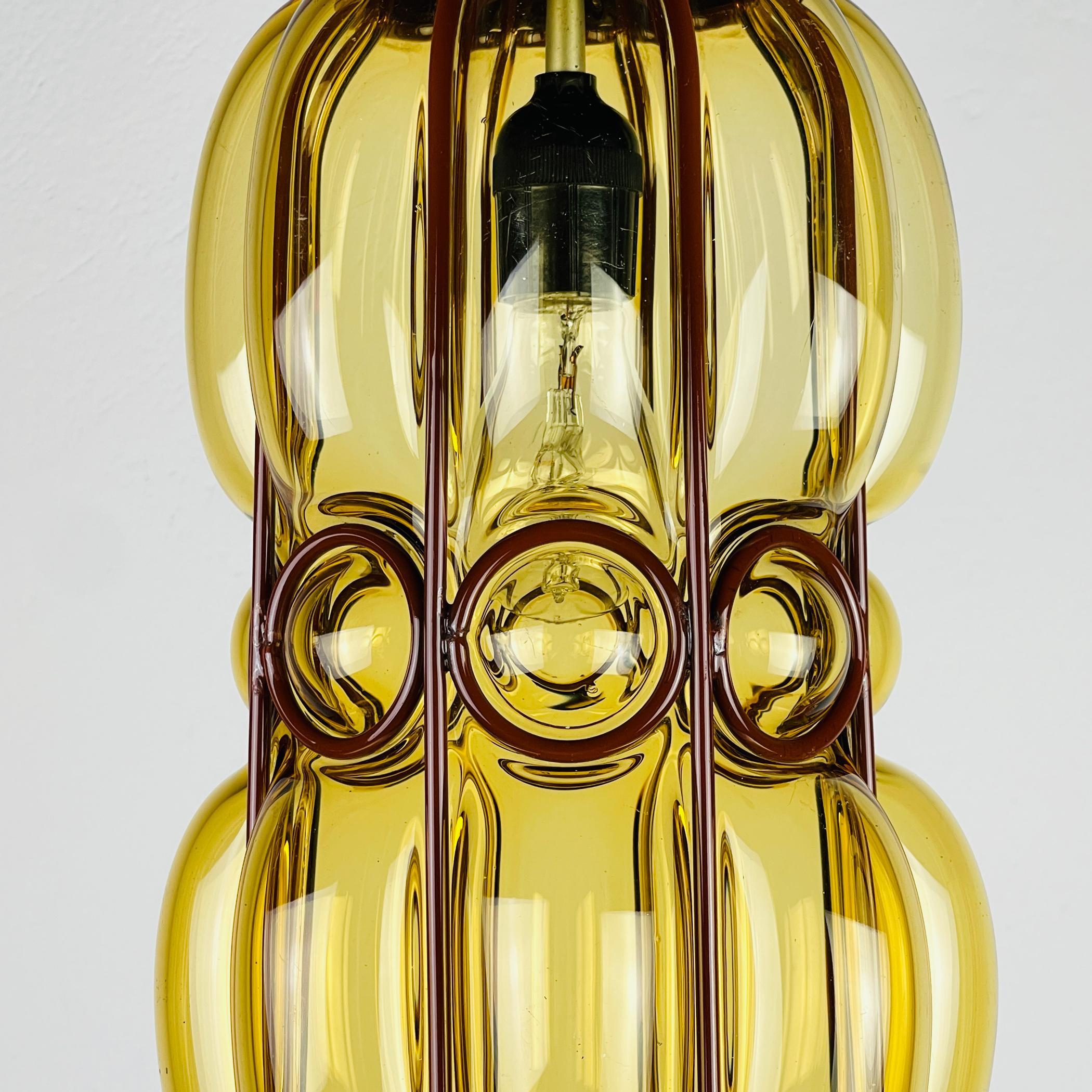 Venetian Yellow Murano Glass Caged Pendant Lamp, Italy 1940s 10