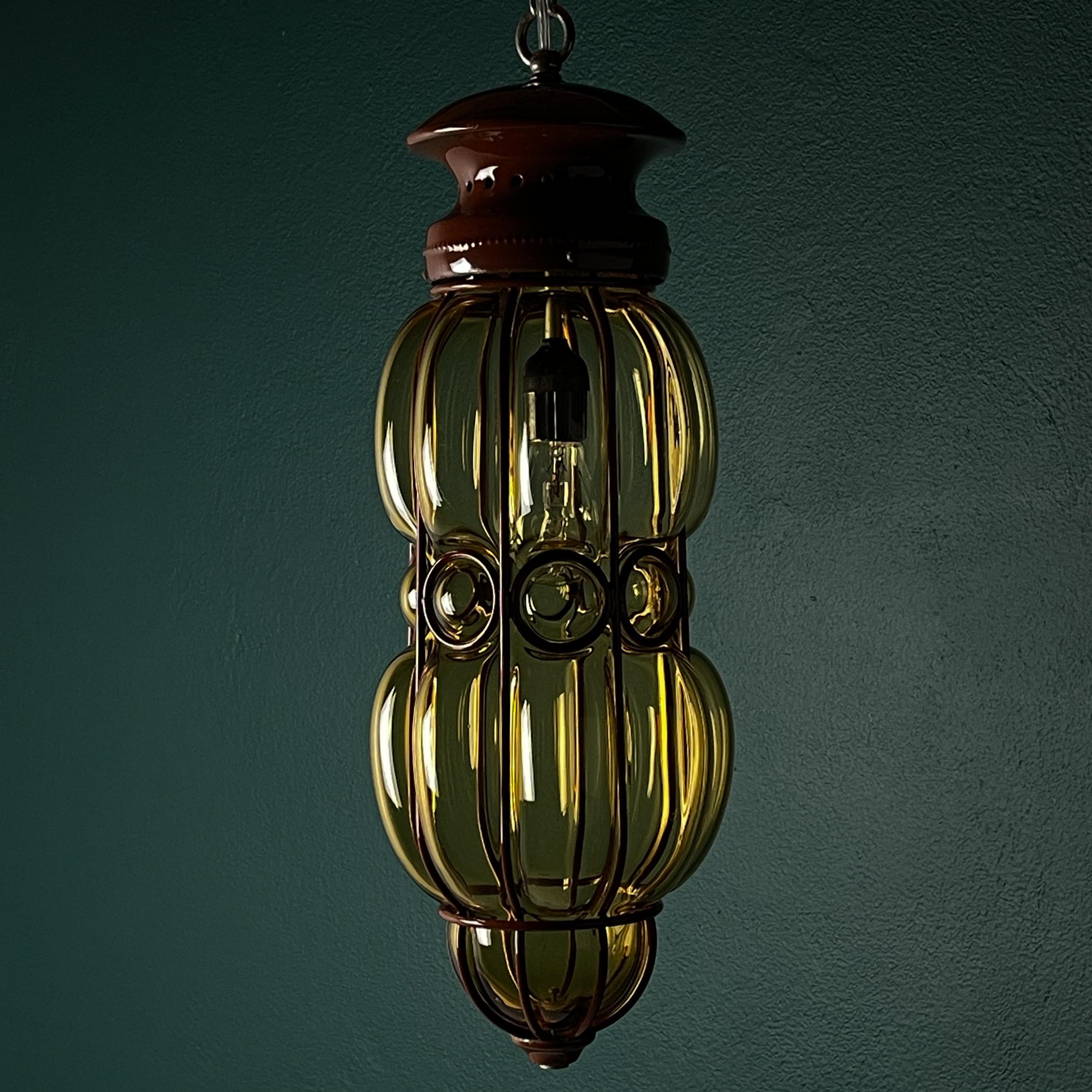 Venetian Yellow Murano Glass Caged Pendant Lamp, Italy 1940s 11