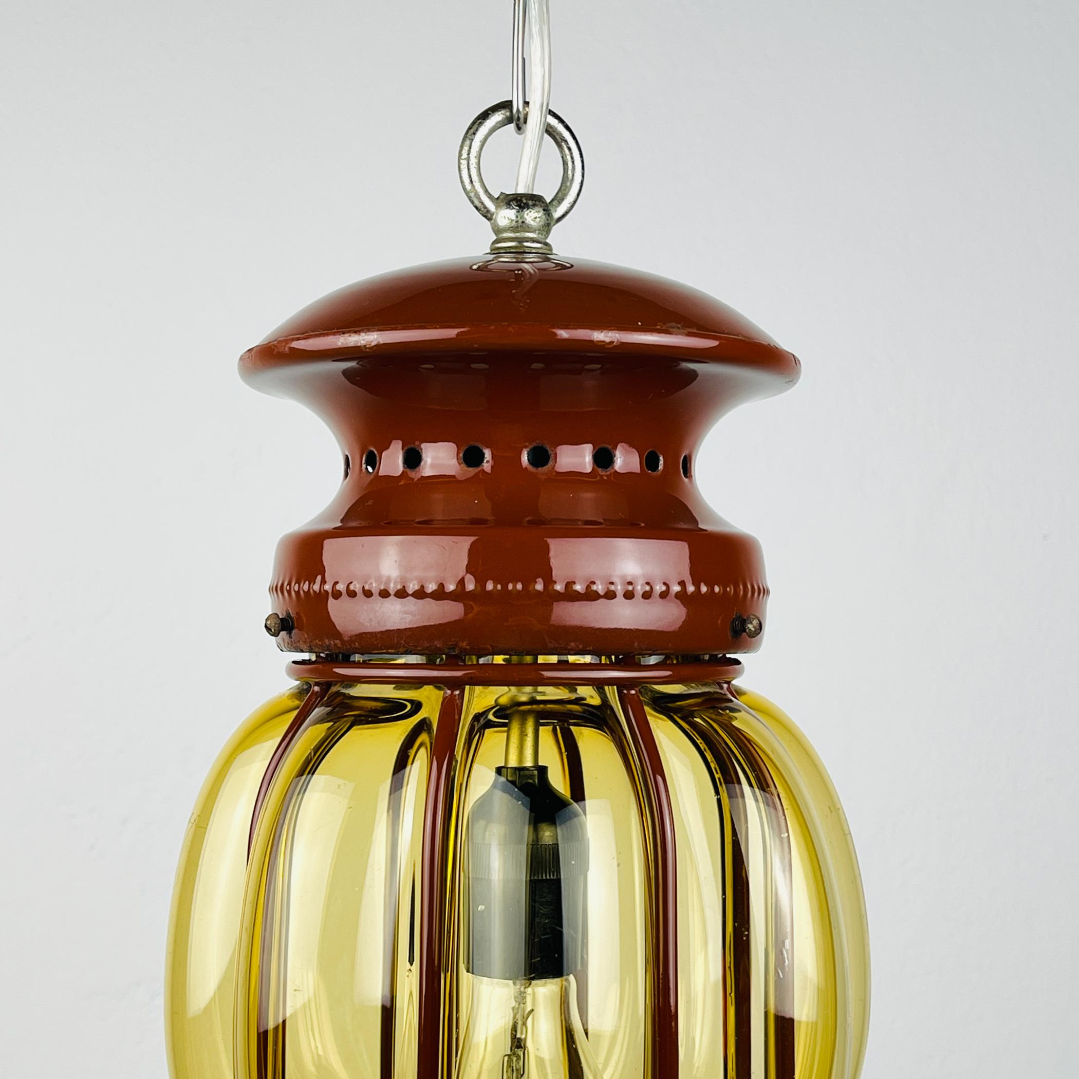 Mid-Century Modern Venetian Yellow Murano Glass Caged Pendant Lamp, Italy 1940s