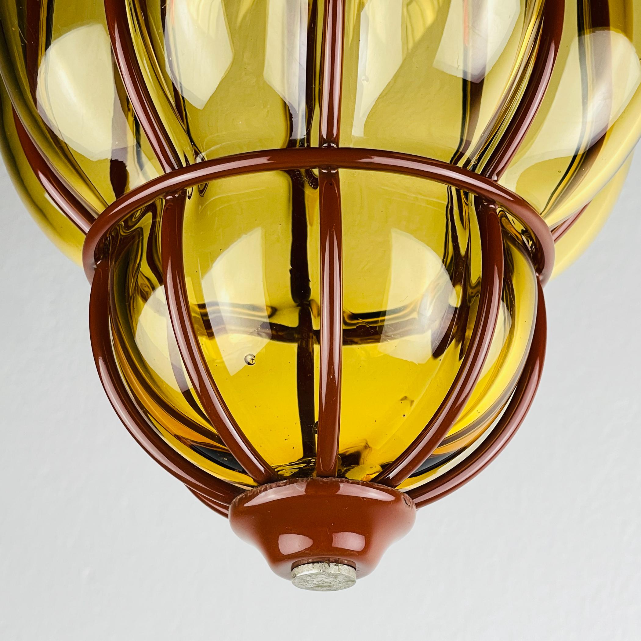 20th Century Venetian Yellow Murano Glass Caged Pendant Lamp, Italy 1940s