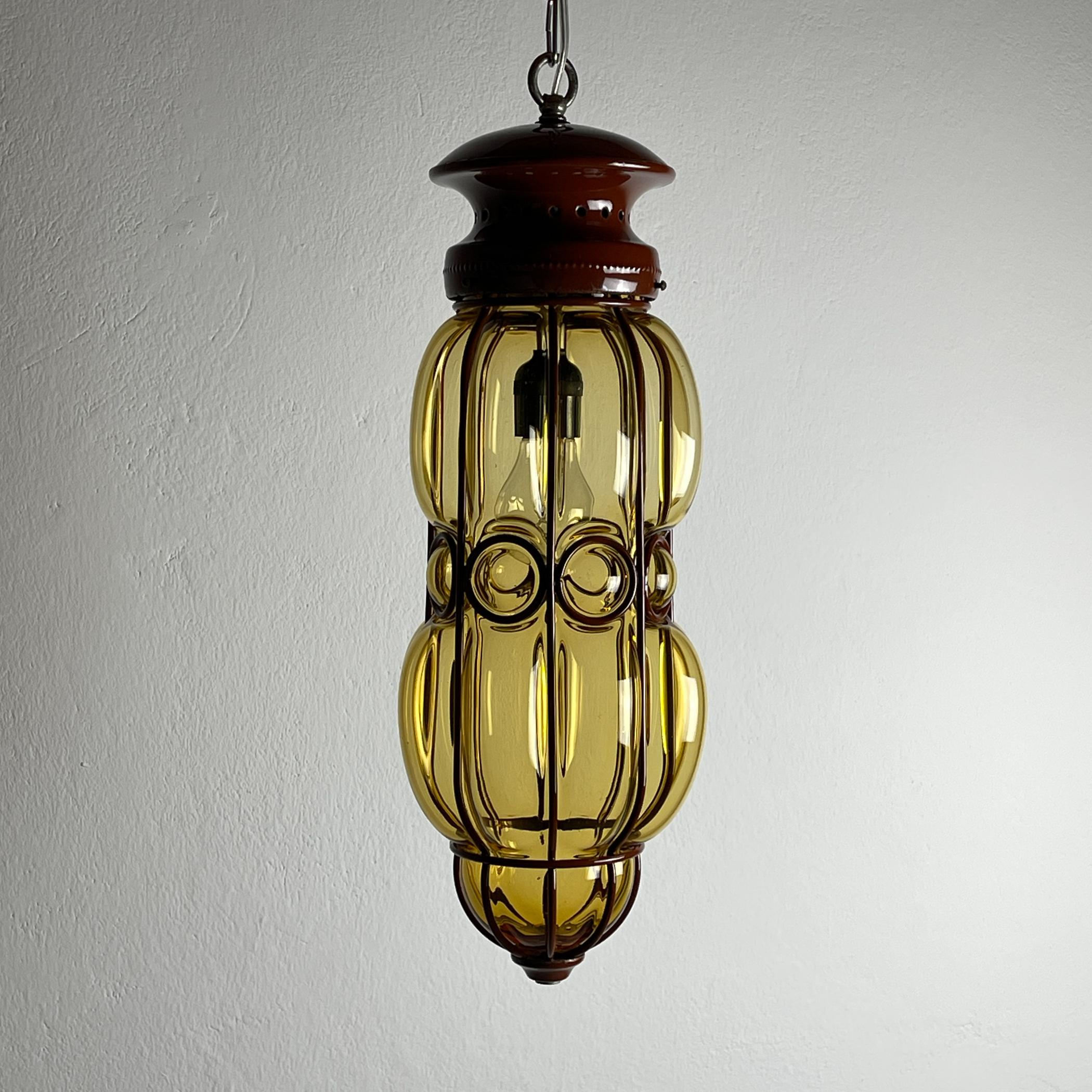 Venetian Yellow Murano Glass Caged Pendant Lamp, Italy 1940s 1