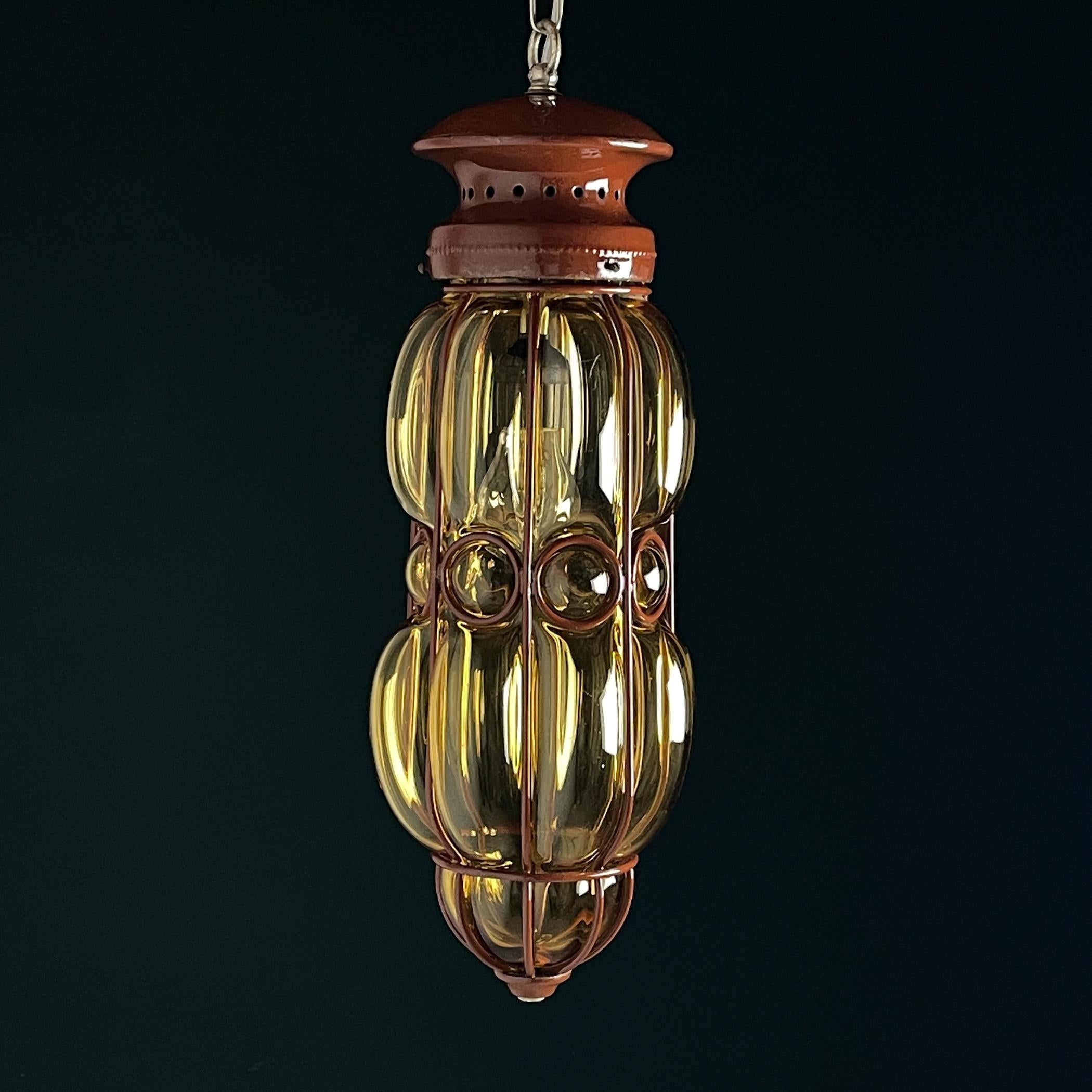 Venetian Yellow Murano Glass Caged Pendant Lamp, Italy 1940s 3