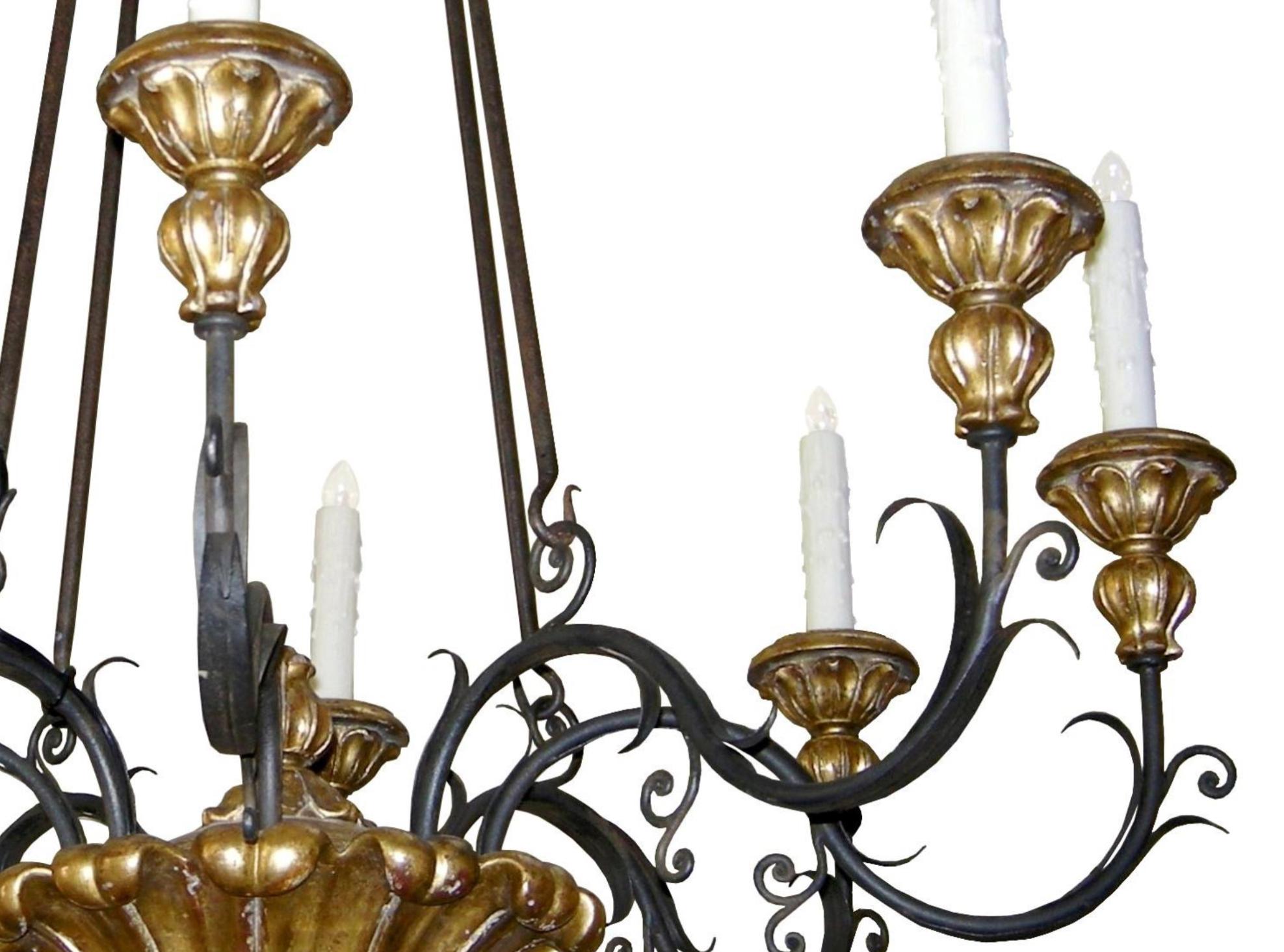 Veneto Italian Designer Eight Arm Gilt-wood & Wrought Iron Chandelier by Randy Esada

Item #: 9024E - Veneto Chandelier (8-Arm)
Note: This chandelier canopy shown mounts directly to ceiling, if need longer drop, inquire about transition modification