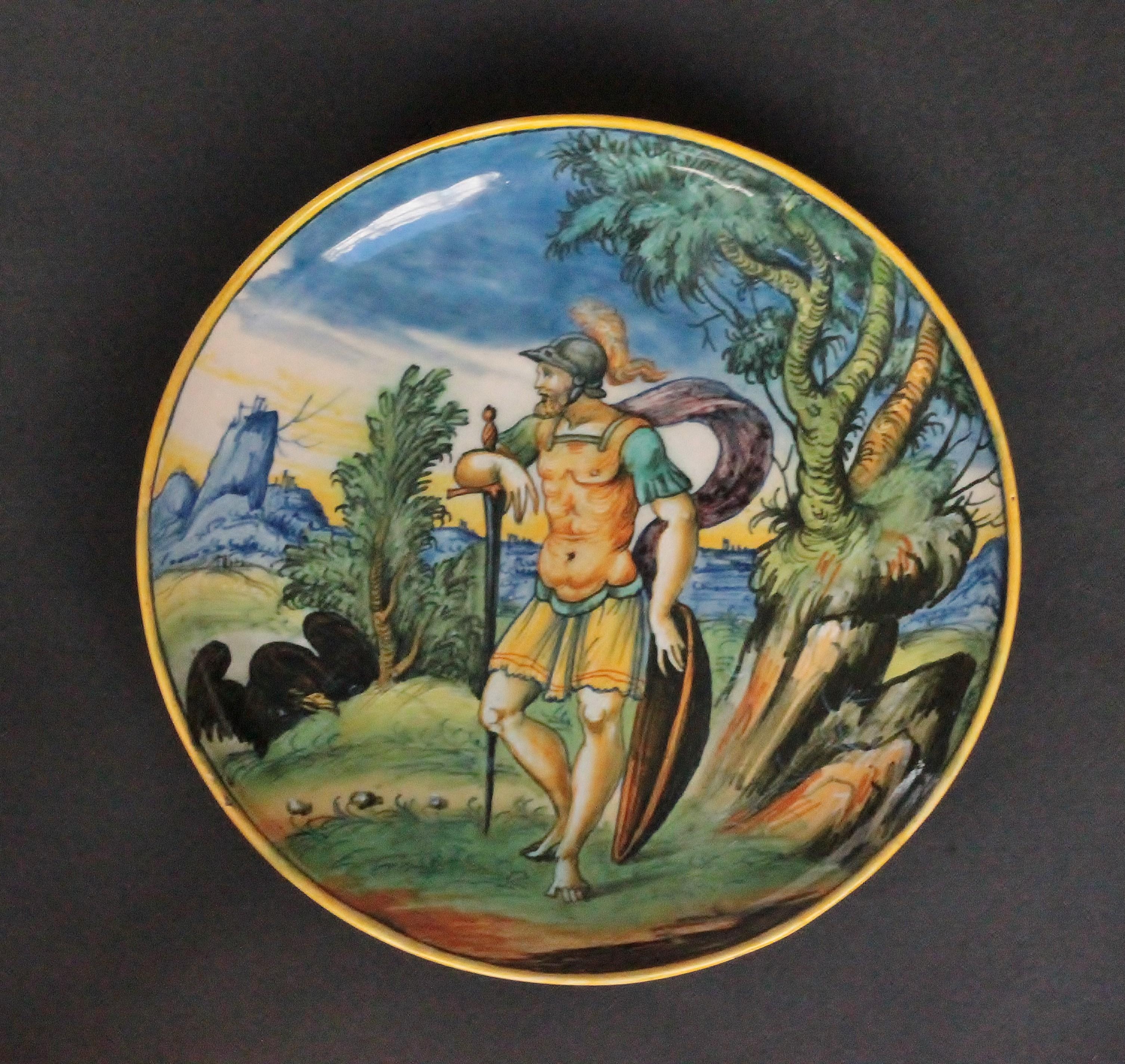 Renaissance Venezia Maiolica Istoriato Footed Dish with a Soldier, circa 1550-1960 For Sale