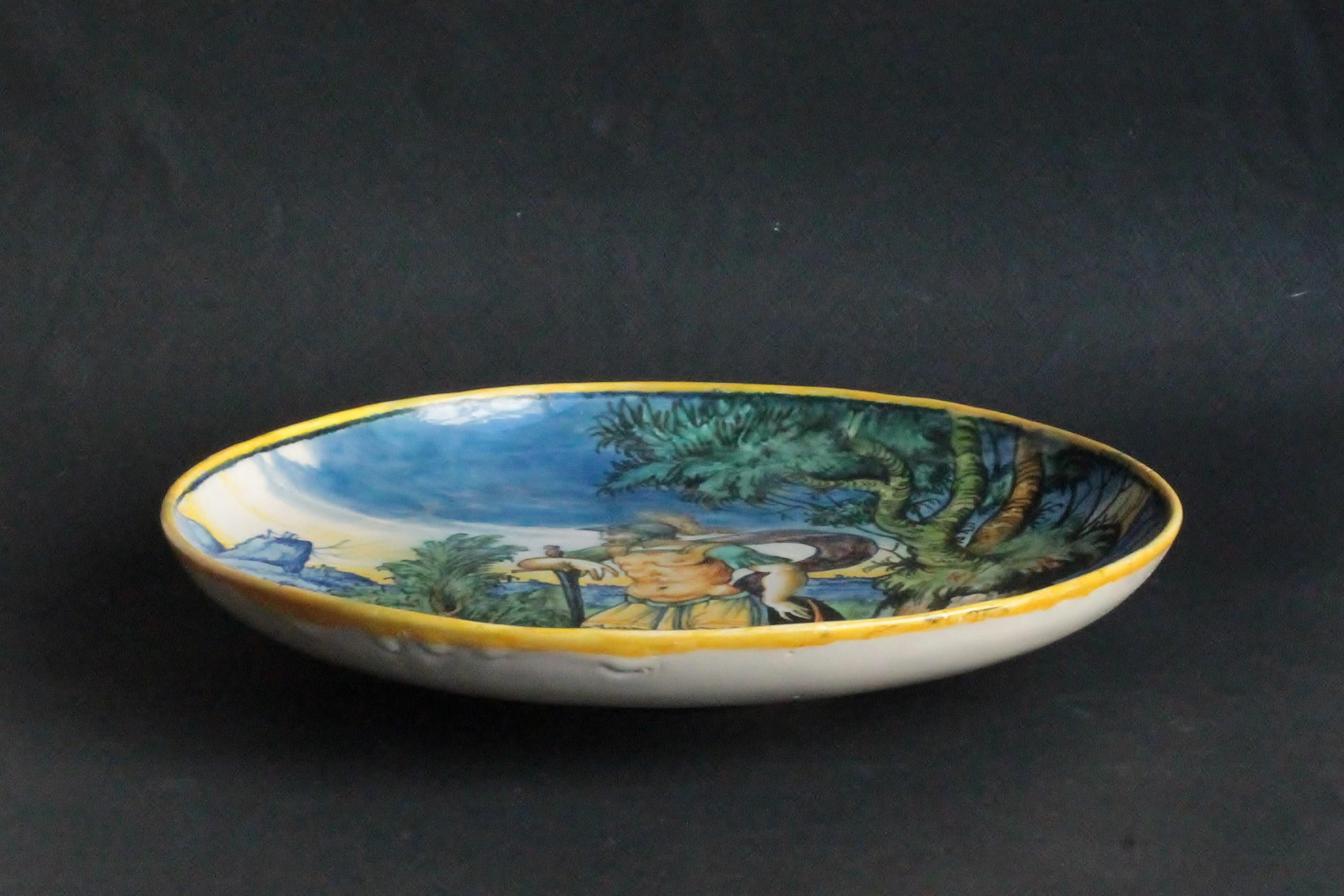 18th Century and Earlier Venezia Maiolica Istoriato Footed Dish with a Soldier, circa 1550-1960 For Sale