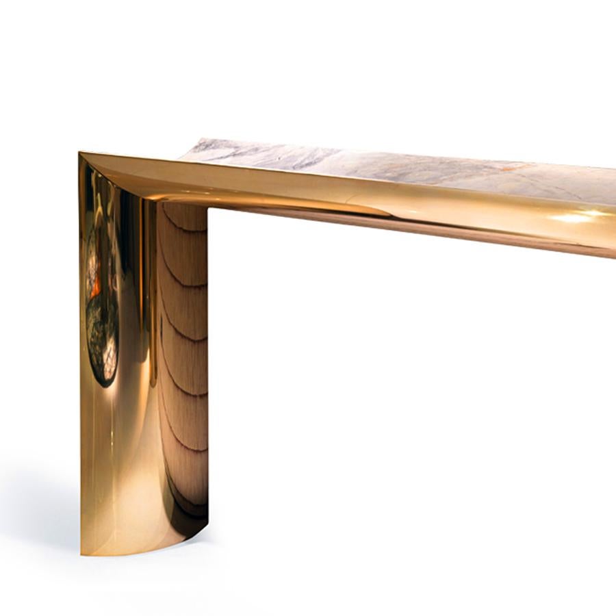 Console table Veneziana with stainless polished steel structure in gold 
finish with concave sides shaped in solid polished light grey marble.
With smoked glass half shaped top included.