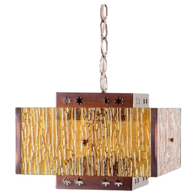 Venhola, Finland. Ceiling lamp in brass and amber-colored glass. Finnish design.